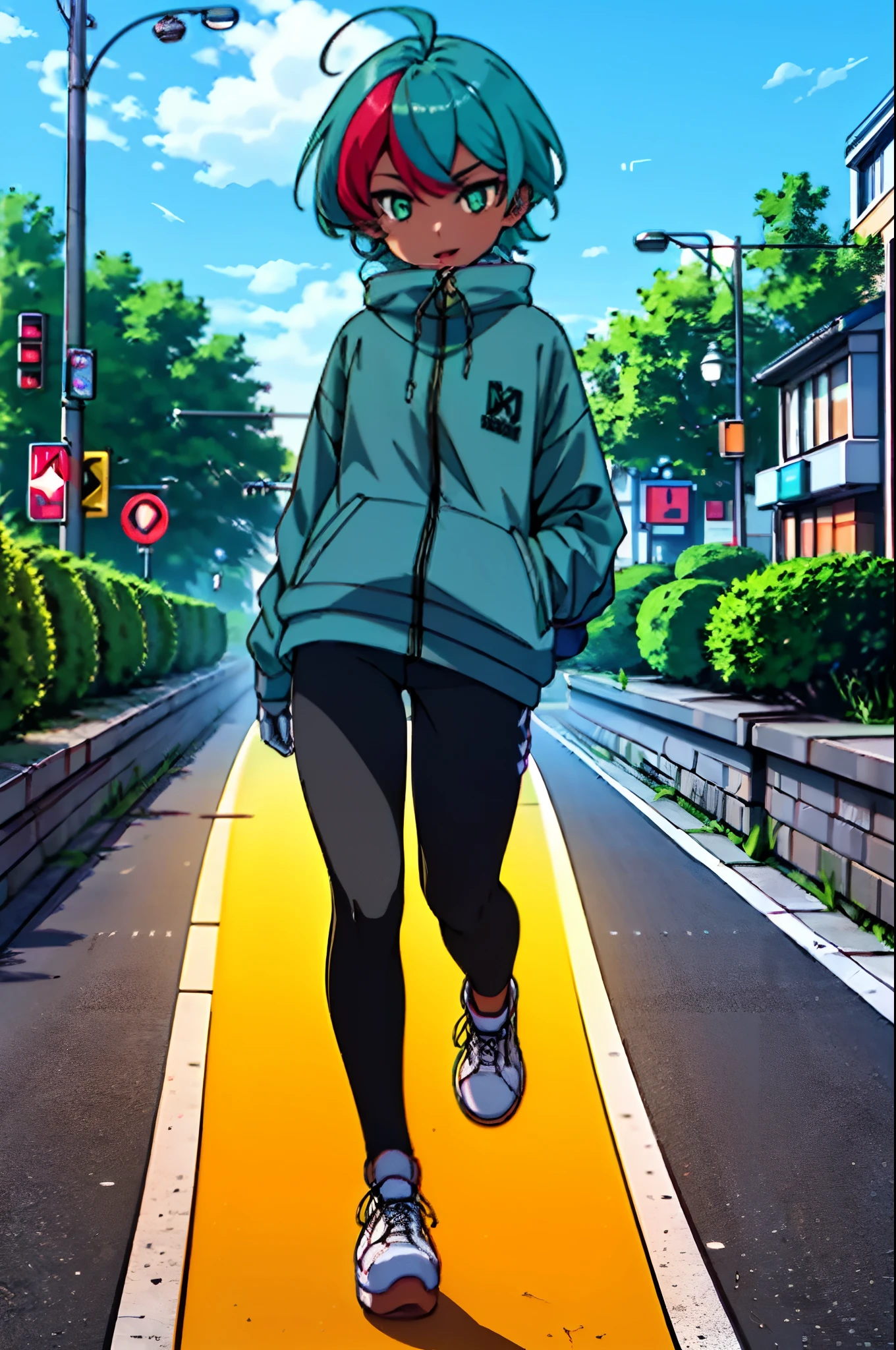 (Materpiece, complete body, best quality, good anatomy) 1 girl, solo, tanned skin, red lips, teal hair, multicolor hair, short hair, green eyes, yellow latex top, black legwears, platform shoes!!, walking, city park, night.