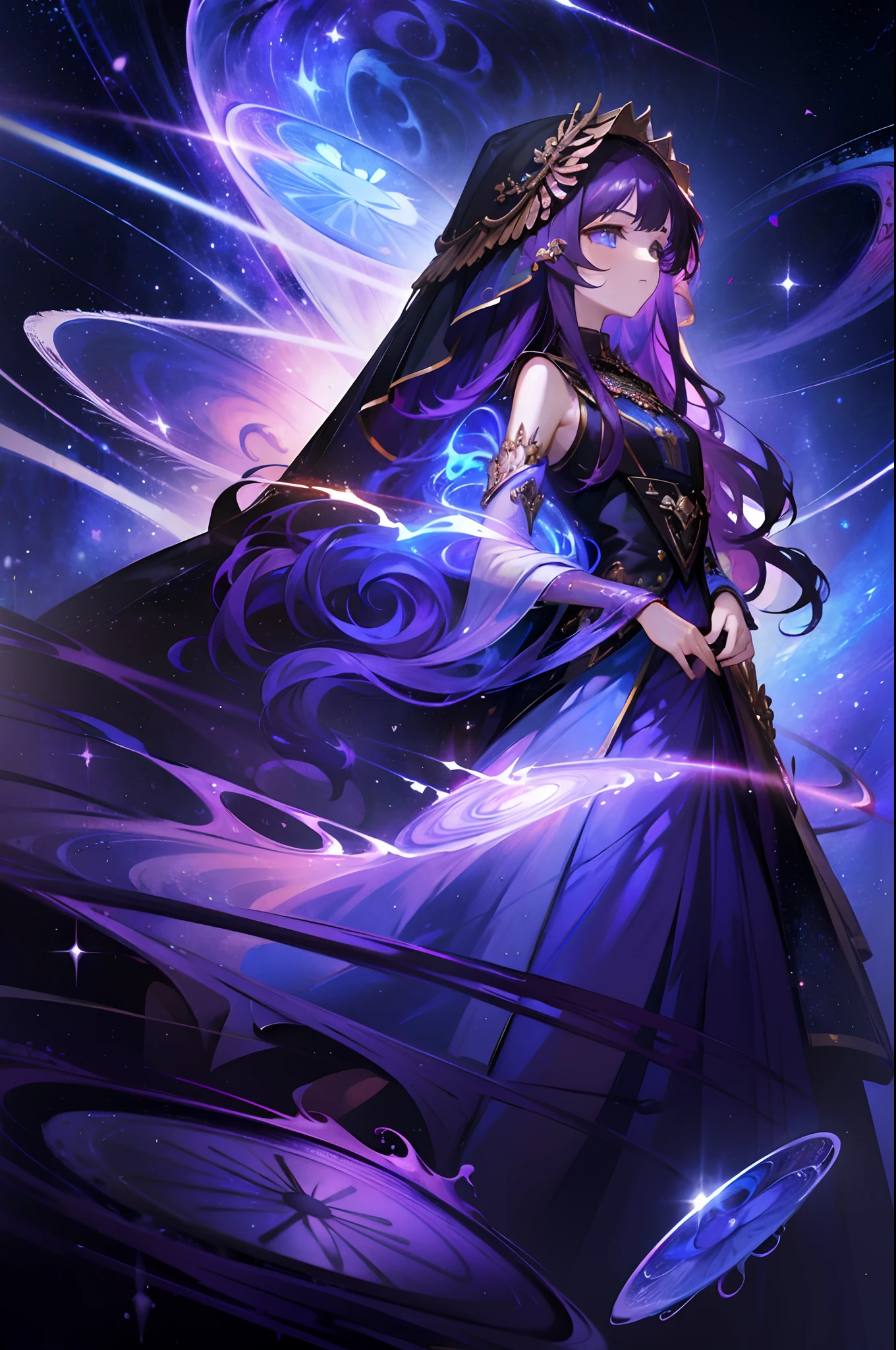 Masterpiece, dreamlike art, 8k, best quality, 1 girl, solo, veil, goddess of the void, celestial body, sparkling violet hair, dark multicoloured hair, wavy long hair with tubes, divine demeanor, expressionless, gorgeous girl, young lady, sleeveless showy starry tunic, cute hair accessories, lots of hair accessories fit of a goddess