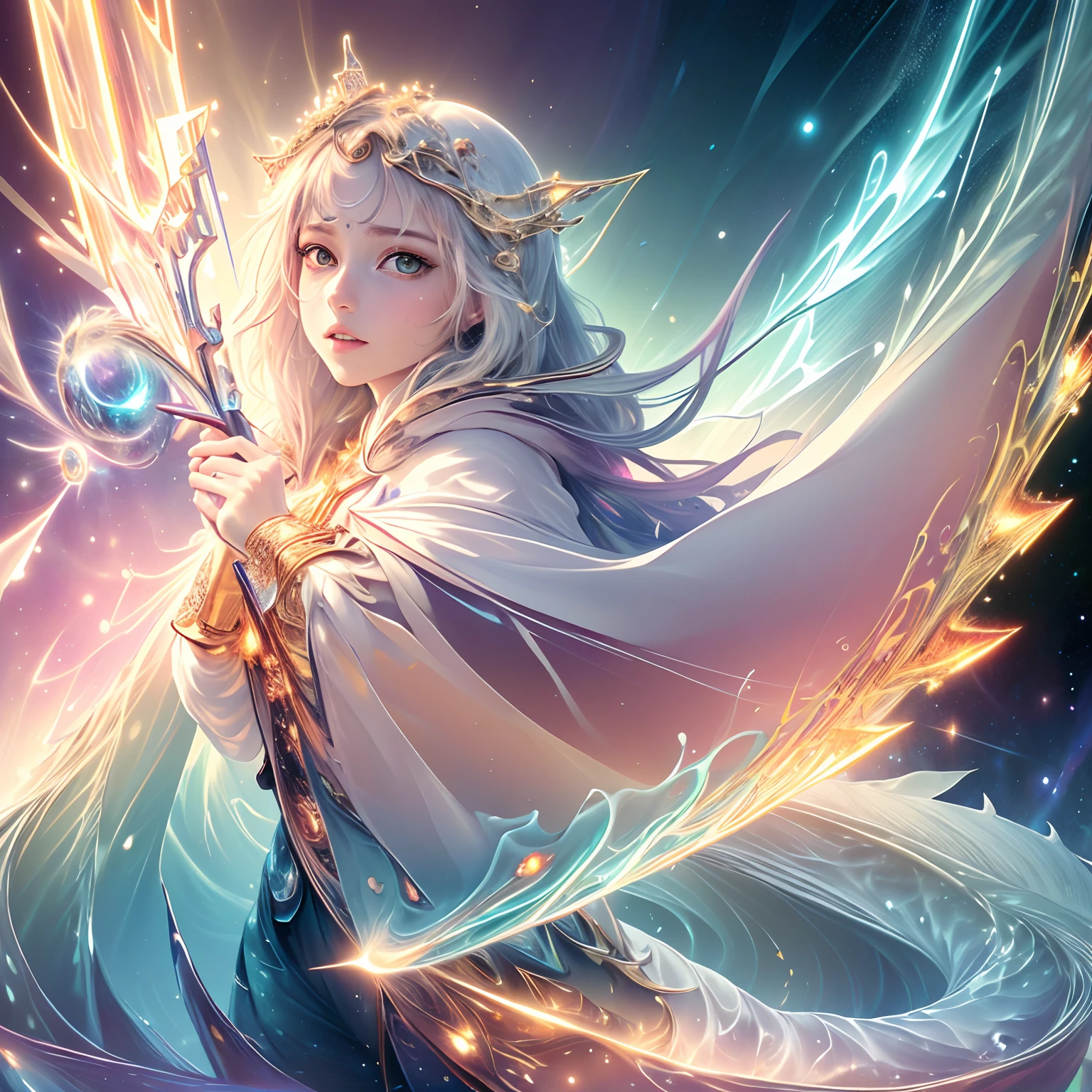 (masterpiece, top quality, best quality, official art, beautiful and aesthetic:1.2), (1girl), extreme detailed eyes, (fractal art:1.3), colorful, highest detailed, (perfect face), shiny skin, HDR, (white cloak golden lines:1.2), galaxy, (light streaks), striking visuals, (dynamic streaks, luminous trails:1.2), vibrant colors, (phoenix), (dragon),