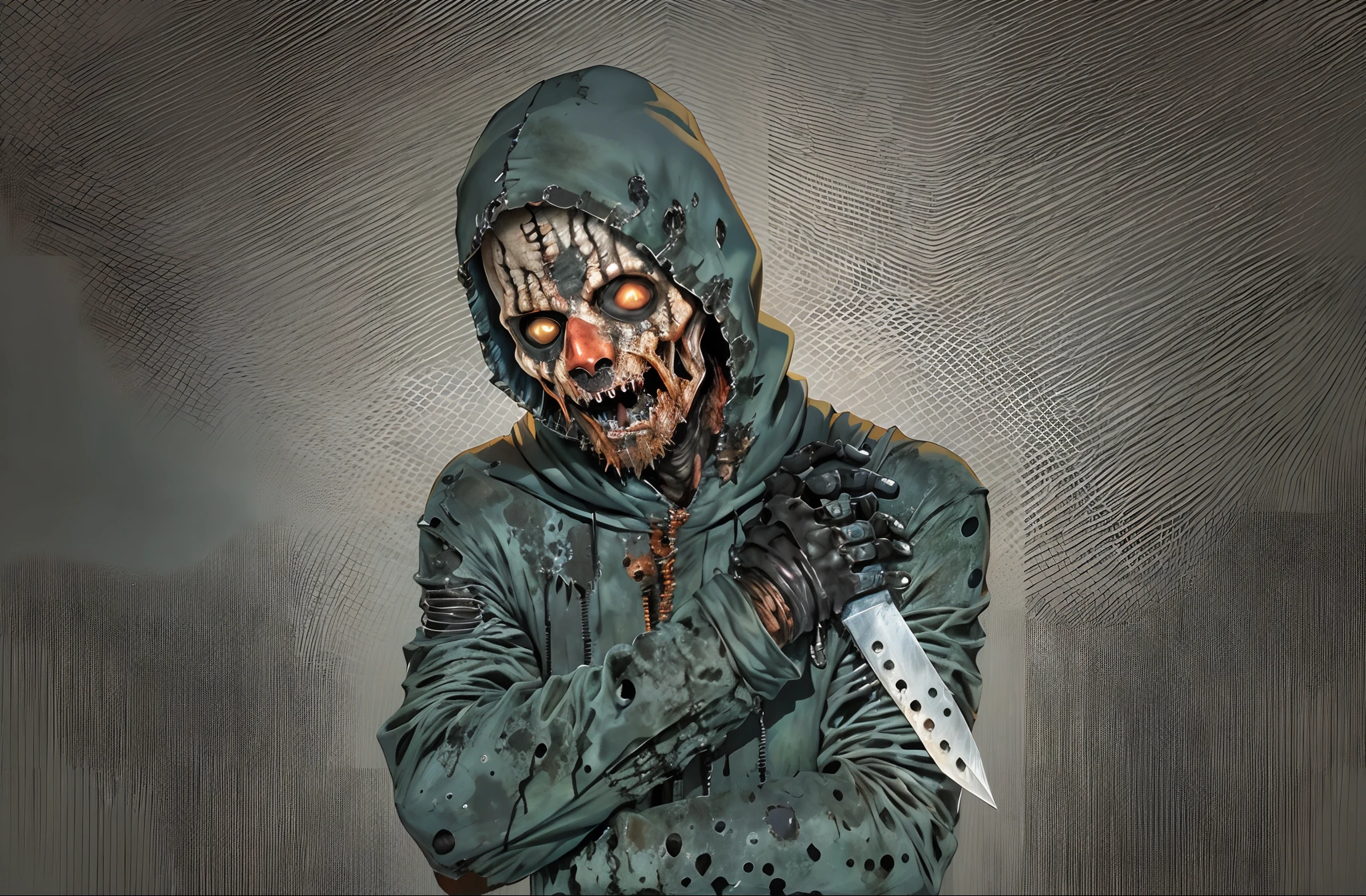 Mann in einem Regenmantel mit einem Messer und einer Brille, Horrorfilm-Slasher, drohend!!!, Horror-Foto, gruselige maskierte Marionettenpuppe, bedrohlicher Blick, jason, drohend!, a murderer with a hood, ein Stock, Albtraum Digitale Kunst, von Jeka Kemp, von Kyle Lambert, Horror Poster, Bedrohliche Erscheinung, Frightening picture