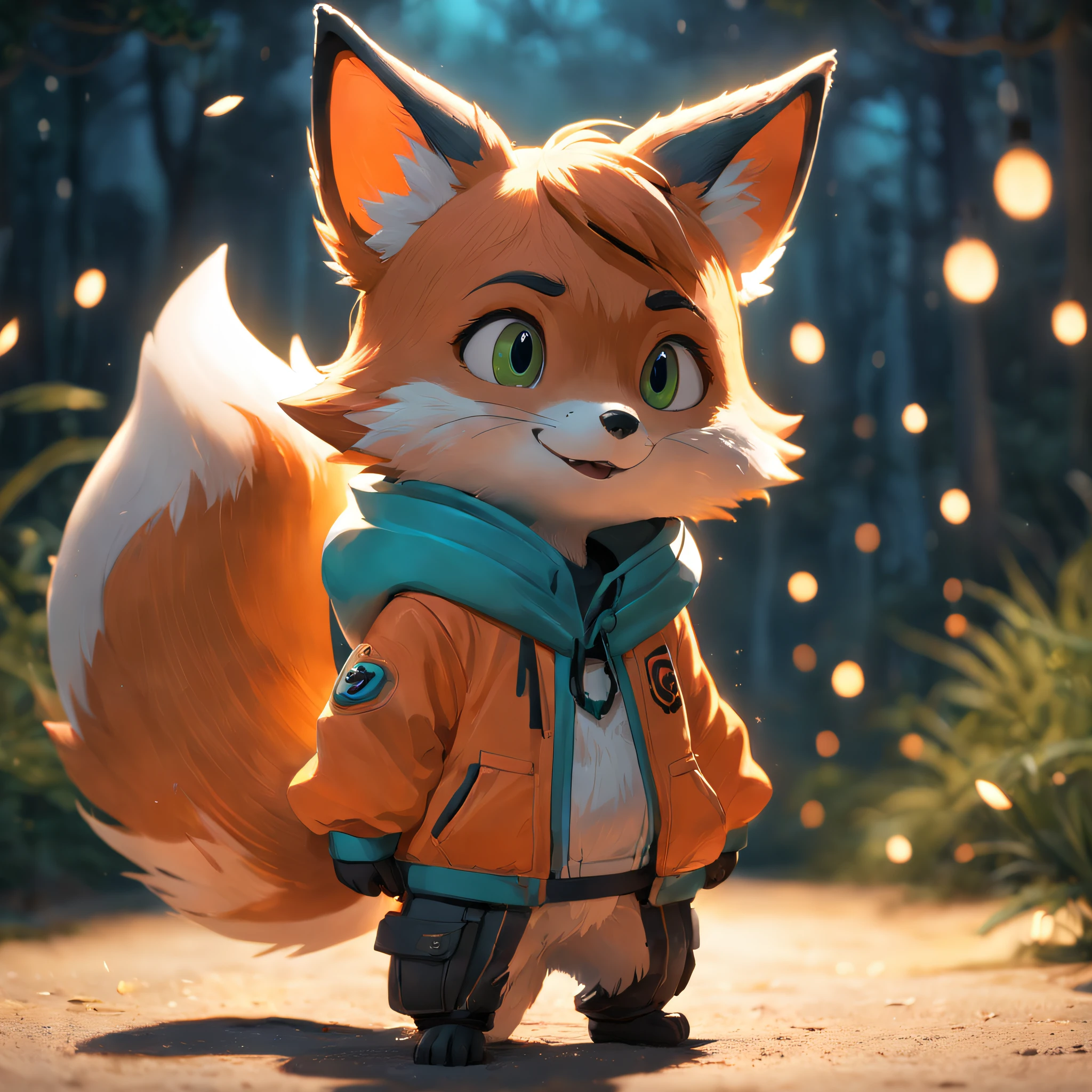 Adorable fox in Pixar movie style, usando um capuz, cinematic lighthing, Depth detection, hiper detalhada, qualidade 8k.  depth of fields，perfect lighting，light particles，（best quality），（tmasterpiece），（Ultra - Detailed），sharp focus，light particles，Niji，fox，male，god eyes，green_eye，Looking_in_viewer，smile，so little，furry， bicho_orelha_fluff，open sky_Attire，Crossed waist with one hand，upper body，tail，short-sleeved shirt，eyeglasses，sunbeams，soft smile，from below，holding coffee(Fox, furry, anthropomorphic), Male, Best quality, human-like body figure), looking at viewer with orange hoodie and sunglasses holding cell phone, fox, avatar image, with futuristic outfit, CGSetnation ),like, professional art, CGsociety - W 1 0 2 4 - N 8 - I,The name is Kan, your name is Kan