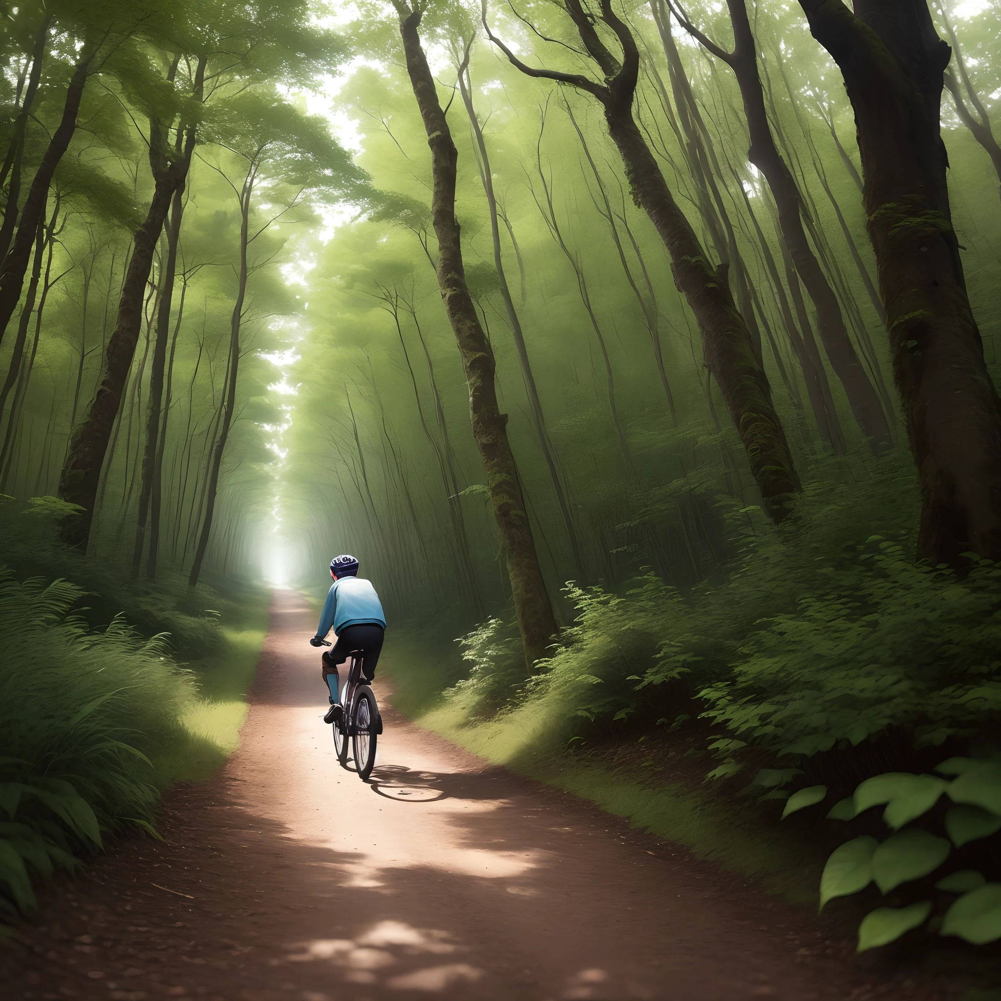 Boy rides his bicycle through the forest
