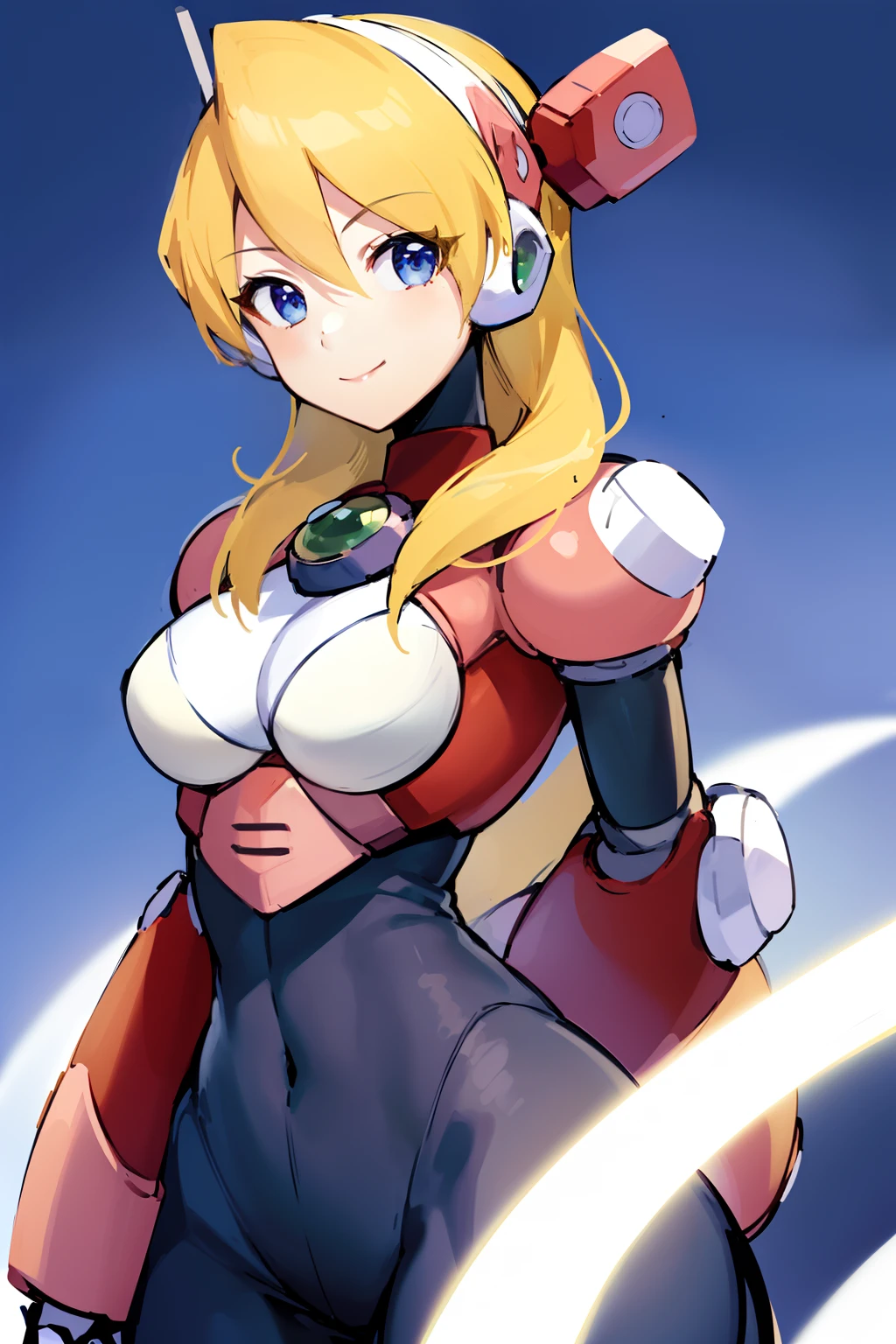 alia_megamanx, 1girl, solo, breasts, blue eyes, blonde hair, android, long hair, robot ears, simple background, smile, arms behind back, upper body, masterpiece, high quality,