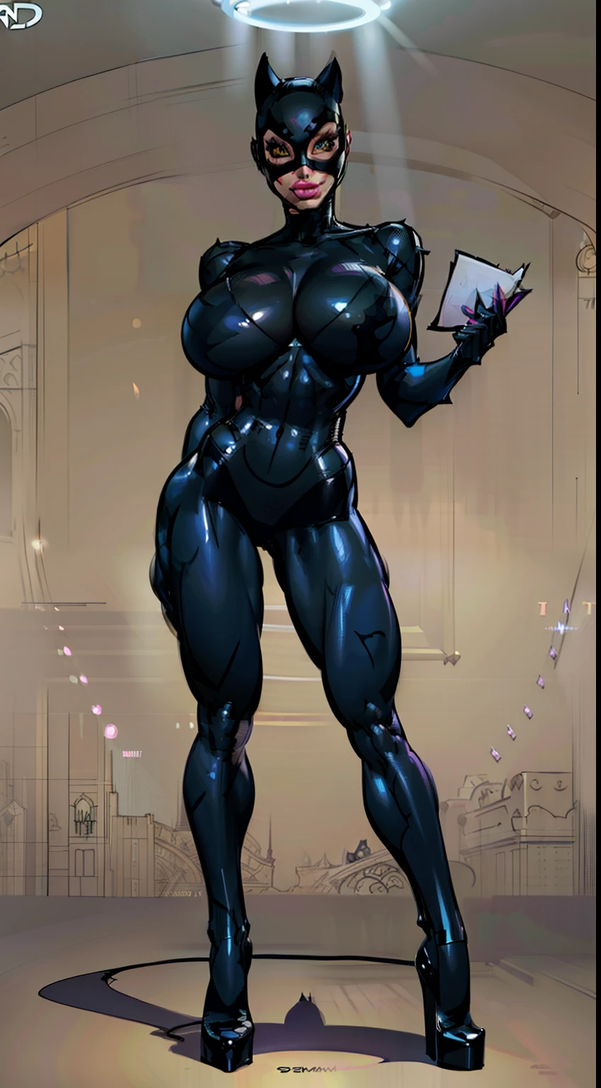 ((Catwoman)), dcau, (gigantic breasts:1.3) , (slendered abs:1.2), black bodysuit, mask over eyes, smirk, detailed, slim waist, masterpiece, thick legs, Athletic Body , ((gigantic breasts:1.2)) ((rim light:1.6)), ((character sheet)), standing straight, ((mask covers forehead))