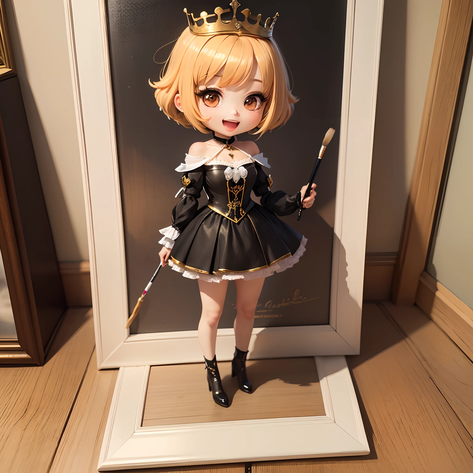 masterpiece、top-quality、ultra-detailliert、(Chibi Chara Queen of France:1.2),Open your mouth and smile,Full-body standing figure,Picture frame of the painting,portraitures,,//Chibi character painter looks at portrait,Holding a brush,Has a color palette🎨
