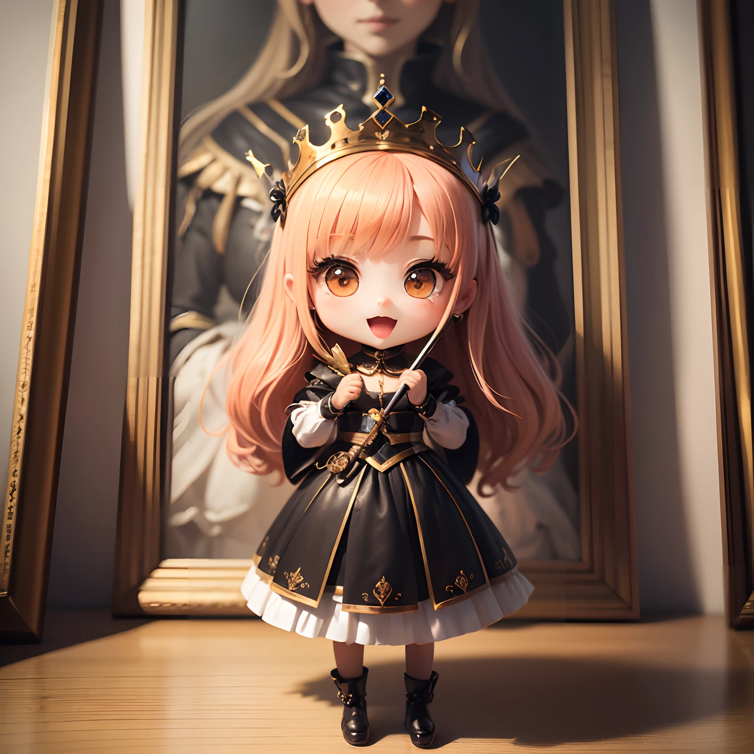 masterpiece、top-quality、ultra-detailliert、(Chibi Chara Queen of France:1.2),Open your mouth and smile,Full-body standing figure,Picture frame of the painting,portraitures,,//Chibi character painter looks at portrait,Holding a brush,Has a color palette🎨