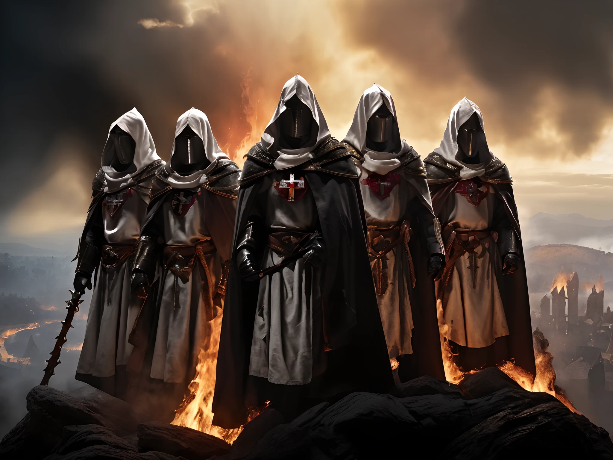 Image of a group of knights in front of a fire, vestindo vestes escuras, Dark robes, templar, flowing robes and leather armor, knights templar in a space suit, Santo Cruzado Medieval, wearing flowing robes, Reis antigos em vestes brancas, vestindo vestes brancas, A Ordem da Sombra Ardente, holy inquisition, vestes brancas
