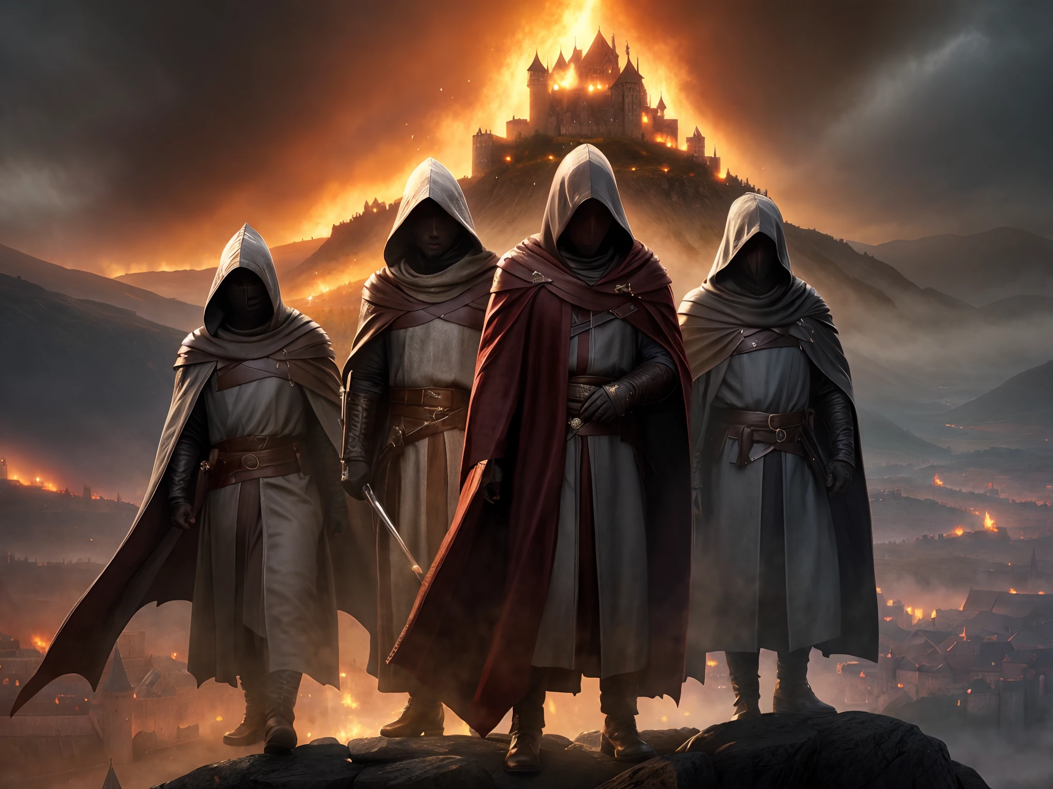 Three hooded men stand on a mountain with a castle in the background, Pintado por Andreas Rocha, vestes vermelhas, Dark robes, Reis Cruzados 3, Directed by: Andreas Rocha, Credo do Assassino, Assassinos, vestindo vestes escuras, Andreas Rocha e John Howe, wearing flowing robes, flowing robes and leather armor, Martin Raphael Lacoste