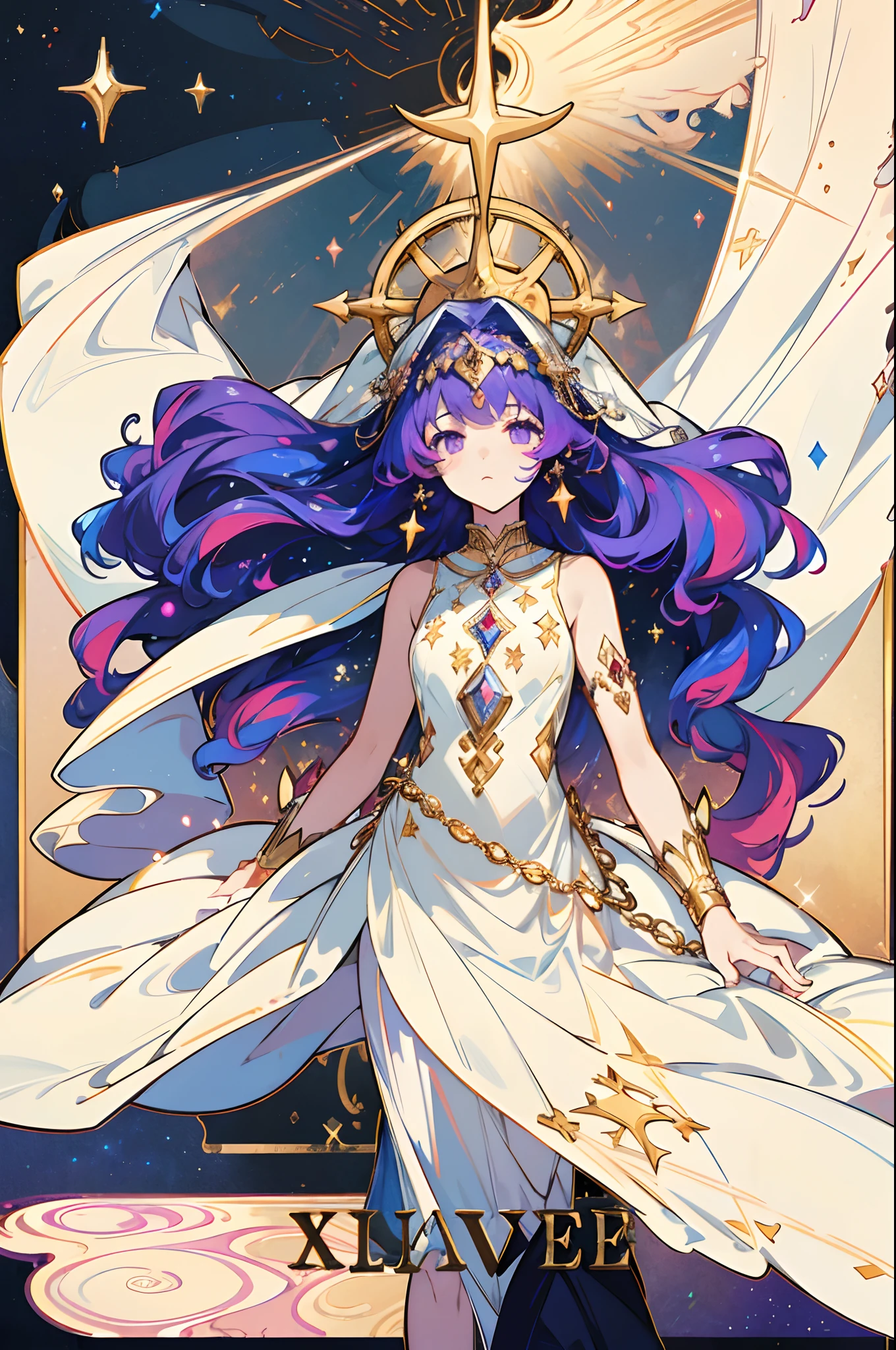 Masterpiece, dreamlike art, 8k, best quality, 1 girl, solo, veil, goddess of the void, celestial body, sparkling violet hair, dark multicoloured hair, wavy long hair with tubes, divine demeanor, expressionless, gorgeous girl, young lady, sleeveless showy starry tunic, cute hair accessories, lots of hair accessories fit of a goddess