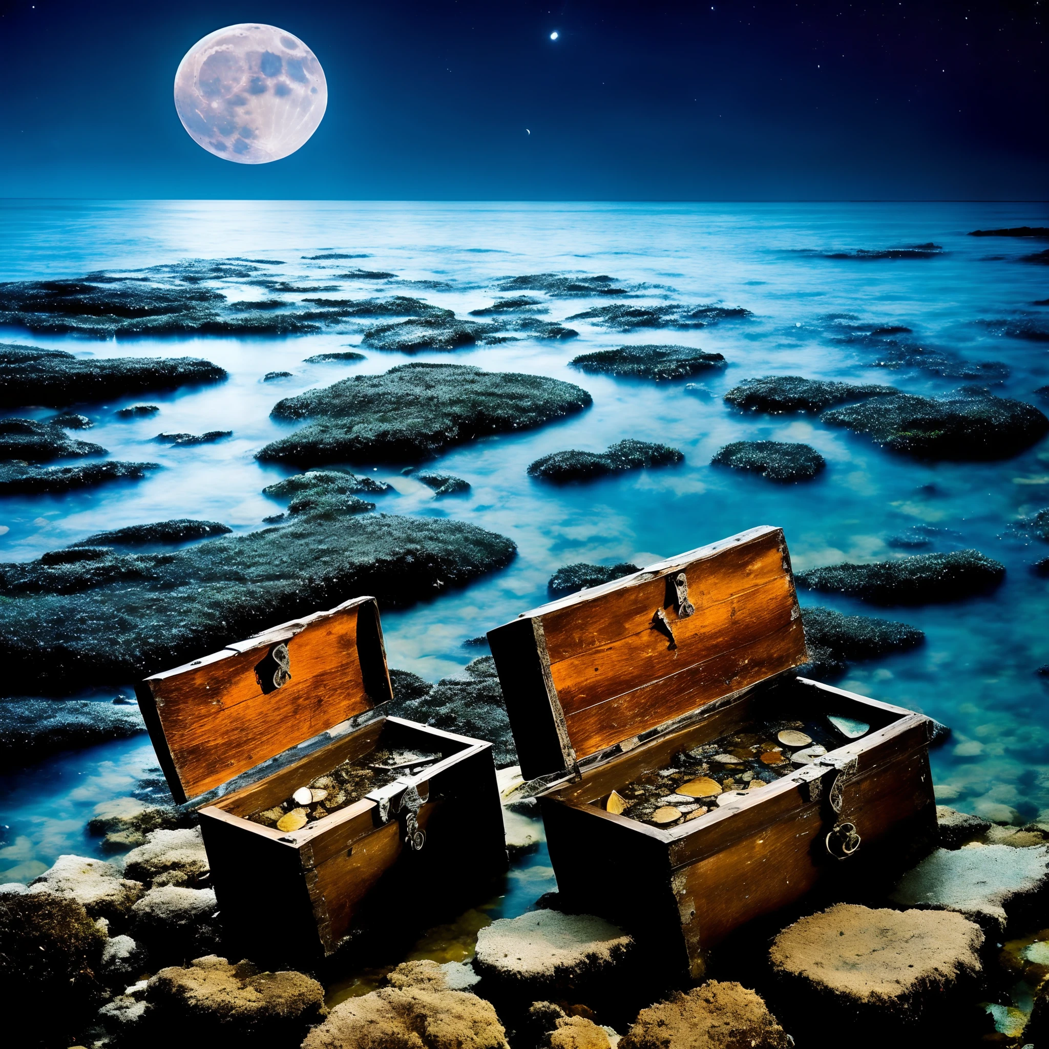 Shallow water treasure chest full of tresure
skeleton partially submerged moonlight