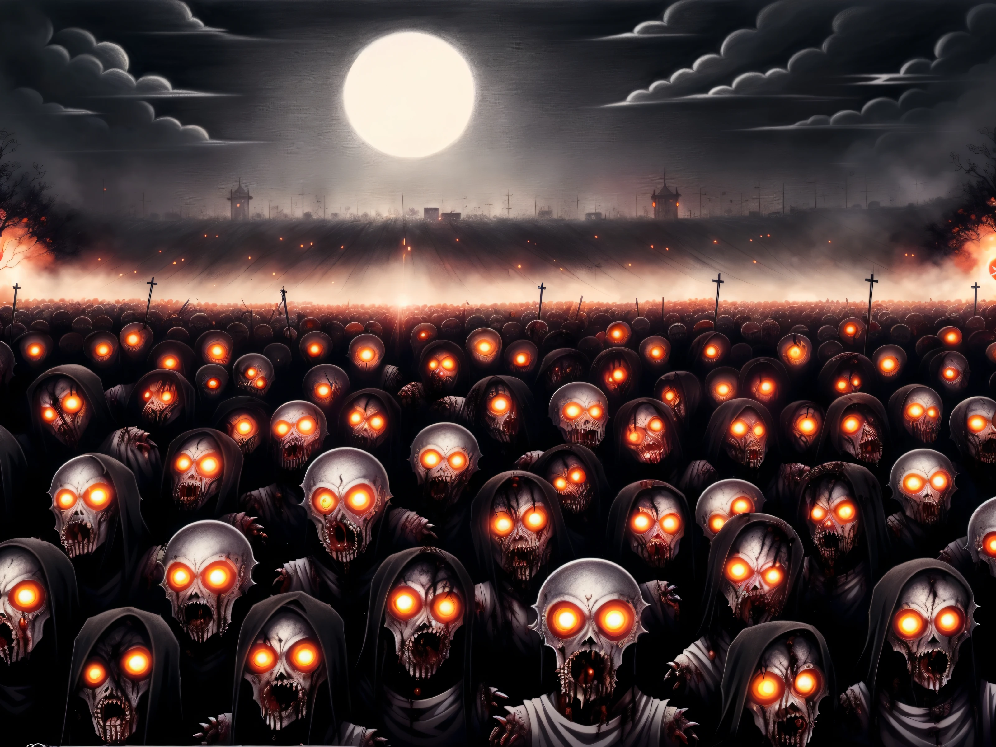 (((crowd of black metal zombies))), detailed background, close-up, amazing fine detail, (new dawn on horizon), (((horror anime drawing)))