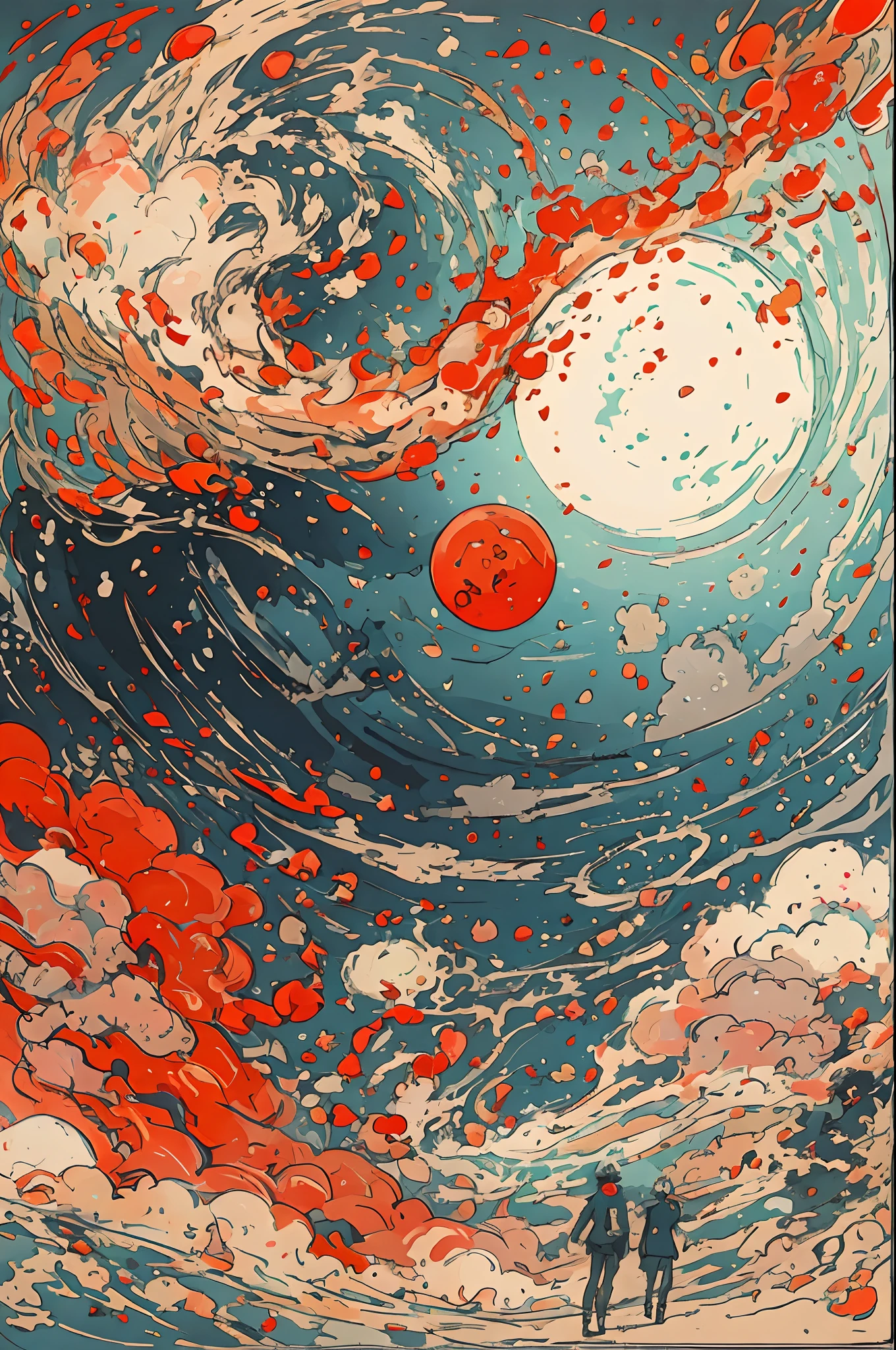 A detailed illustration muted chinese ink painting, muted colors, rice paper texture, splash paint, halo ai, one human, one red sun. Venus. Space. Clouds wet to wet techniques. vibrant vector. using Cinema 4D