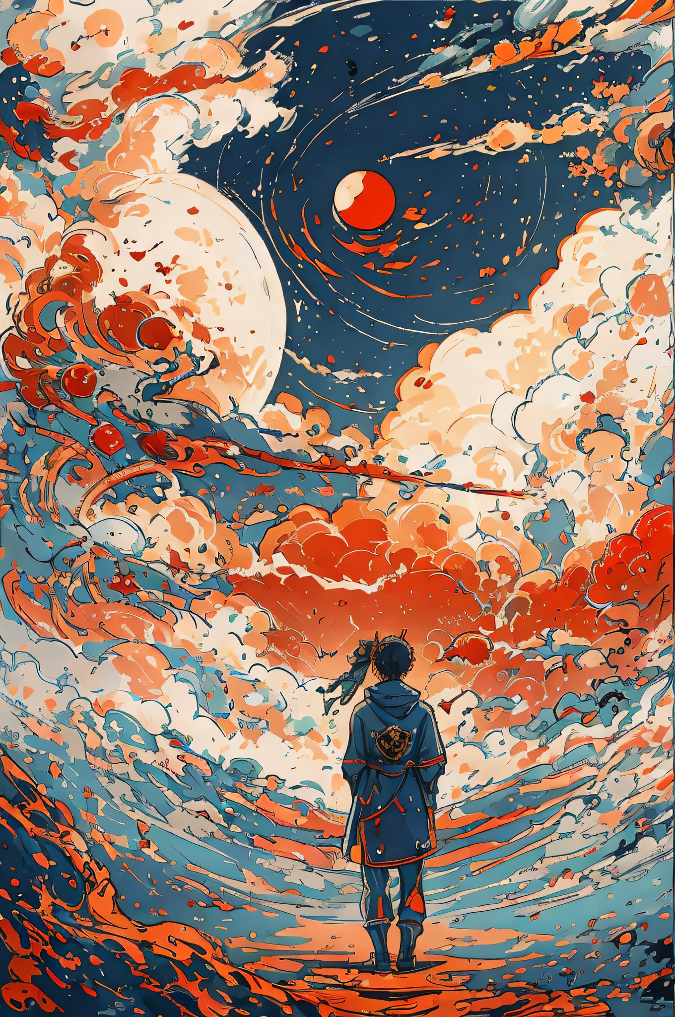 A detailed illustration muted chinese ink painting, muted colors, rice paper texture, splash paint, halo ai, one human, one red sun. Venus. Space. Clouds wet to wet techniques. vibrant vector. using Cinema 4D