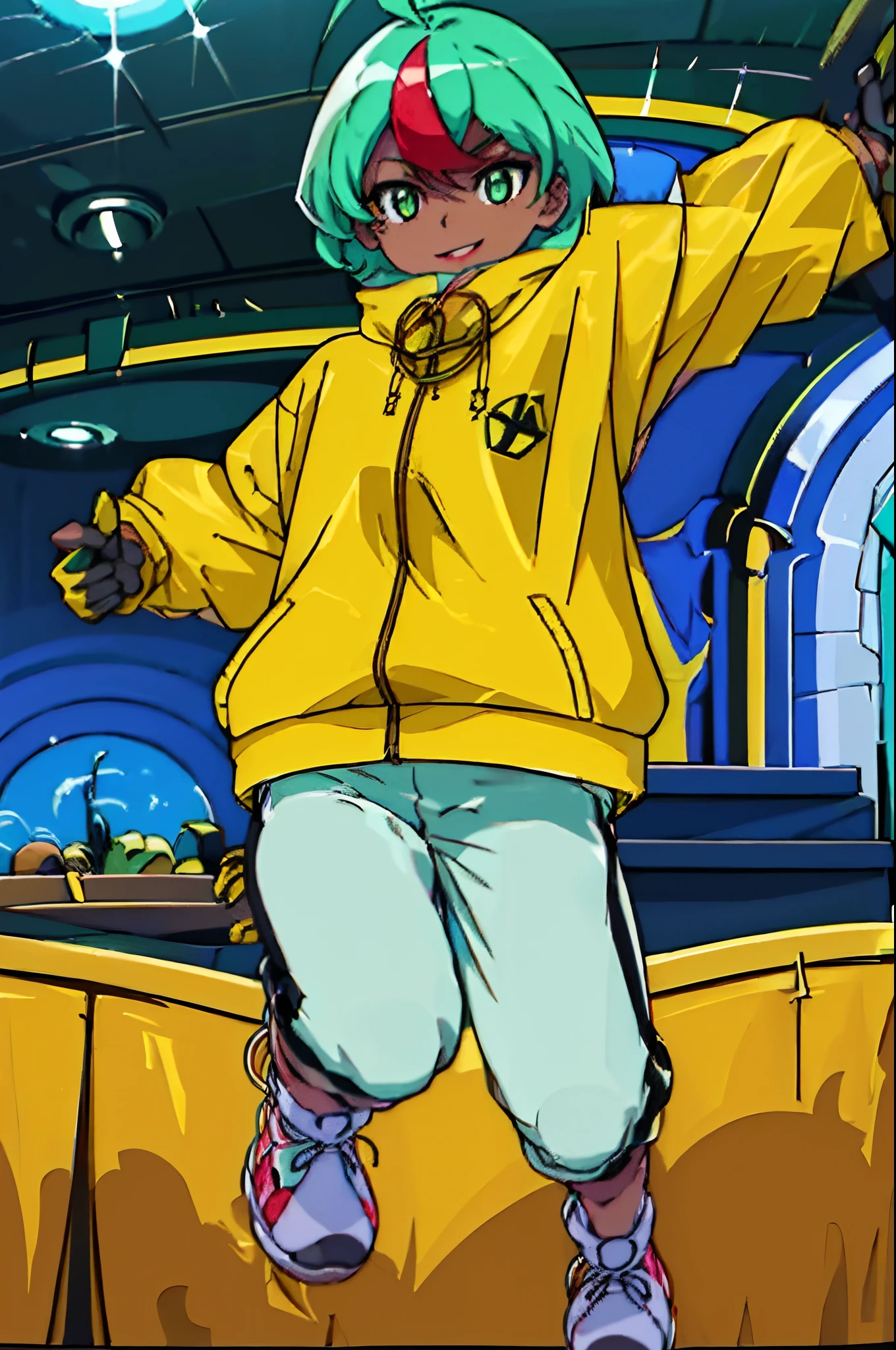 (Materpiece, complete body, best quality, good anatomy) 1 girl, solo, dark skin, red lips, green hair, multicolor hair, short hair, green eyes, happy, yellow jacket, black gloves, white pants, platform shoes, happy, smile, greeting, park, day