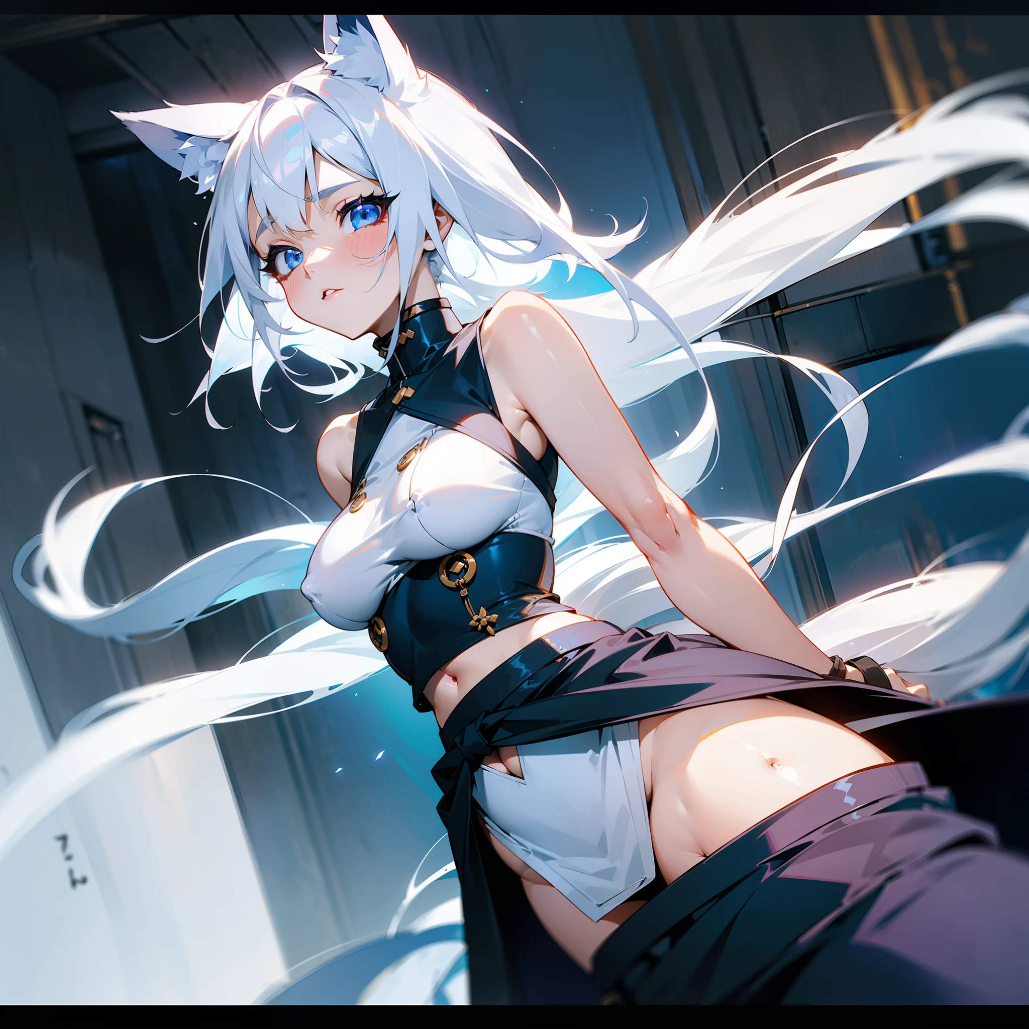 (19-year-old woman。white  hair。Deep Blue Eyes。Wolf ears and tail。)(Colossal tits。Short stature。)(Living in an apartment。long  skirt。)Kunoichi。Sticking out the navel。