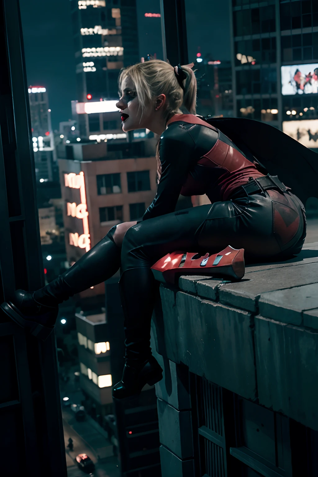batman peleando contra harley quinn con disfraz desgarrado en un edifico alto de ciudad gotica