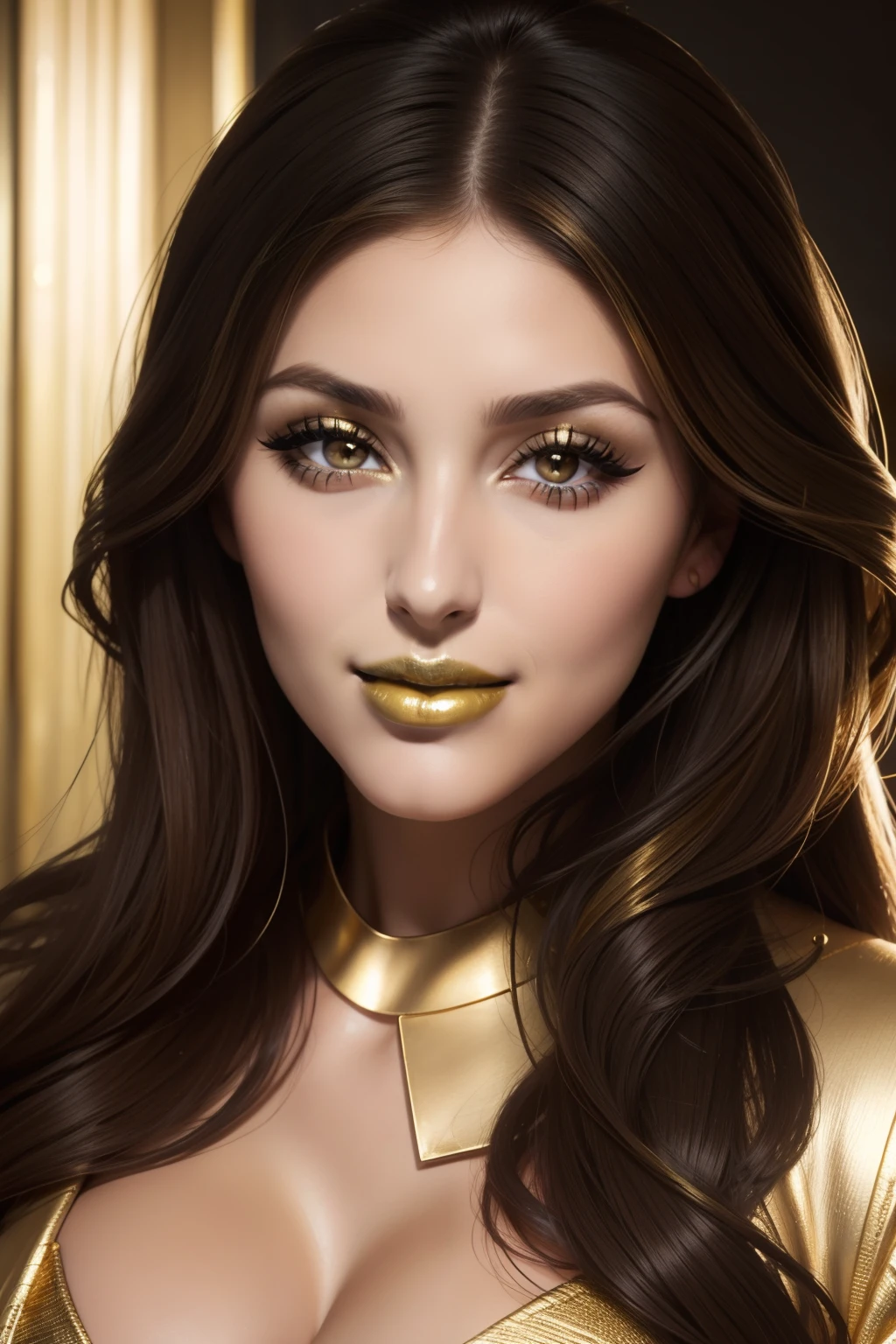 lucy pinder, face portrait, beautiful face, intense makeup, ((gold lipstick)) smiling