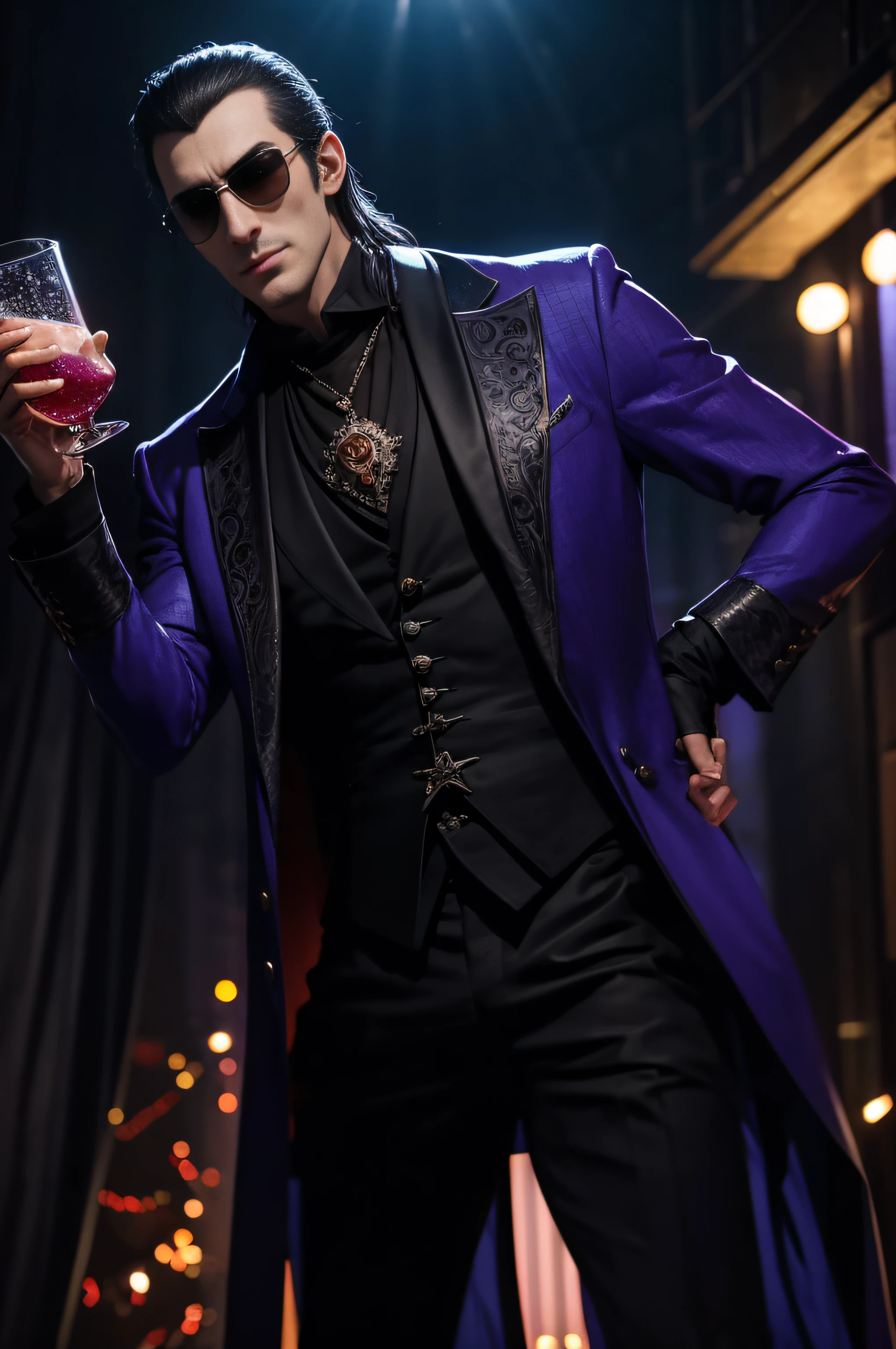 strahd von zarovich with sunglasses and a funky suit, disco ball, flashing lights, club, drink in hand, party