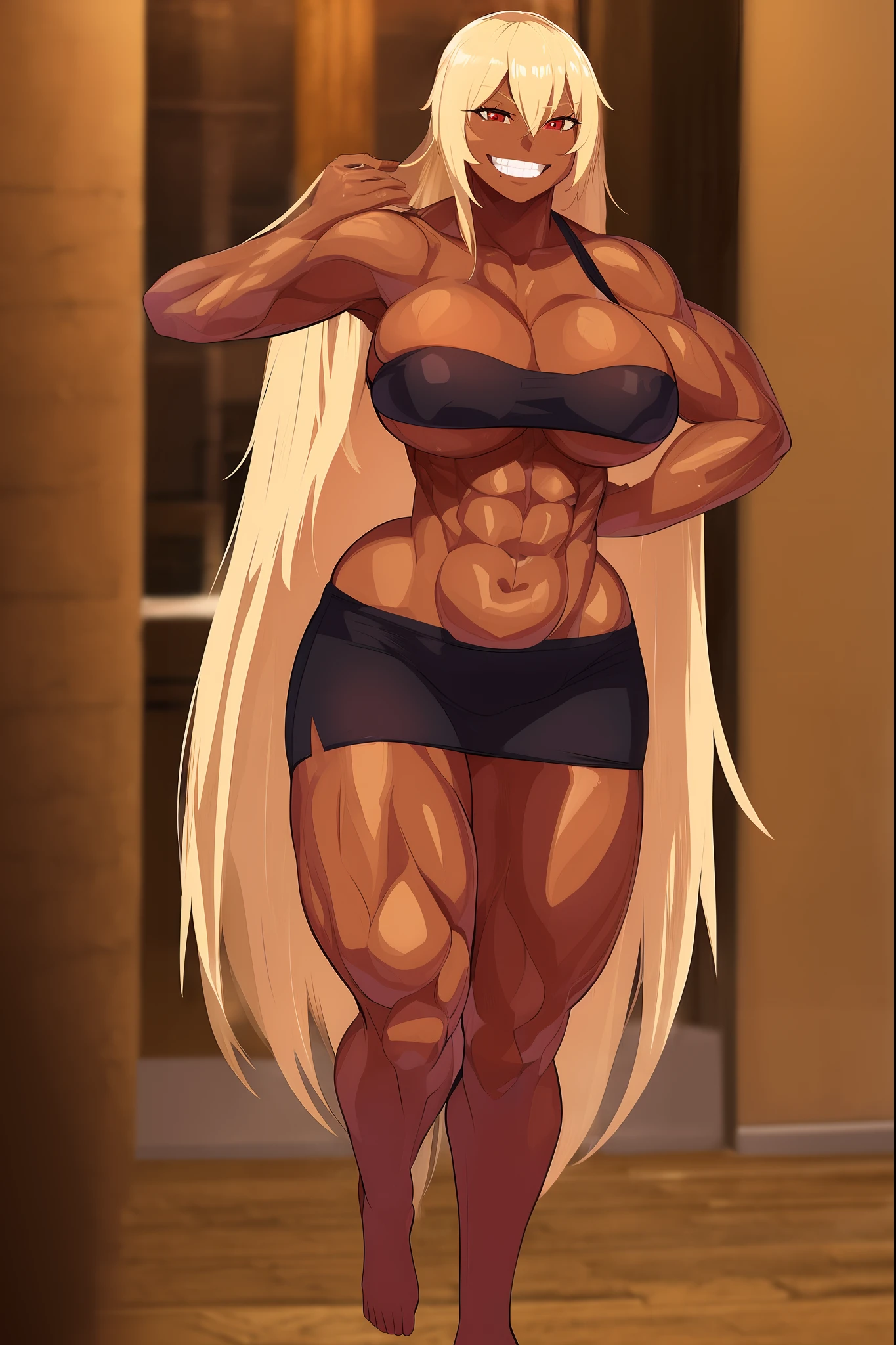 (best quality,ultra-detailed,),blond hair,dark-skinned female, muscular girl, crazy smile, barbarian, revealing clothes, long hair, living hair, red eyes, full body, feet, vibrant colors, dramatic lighting