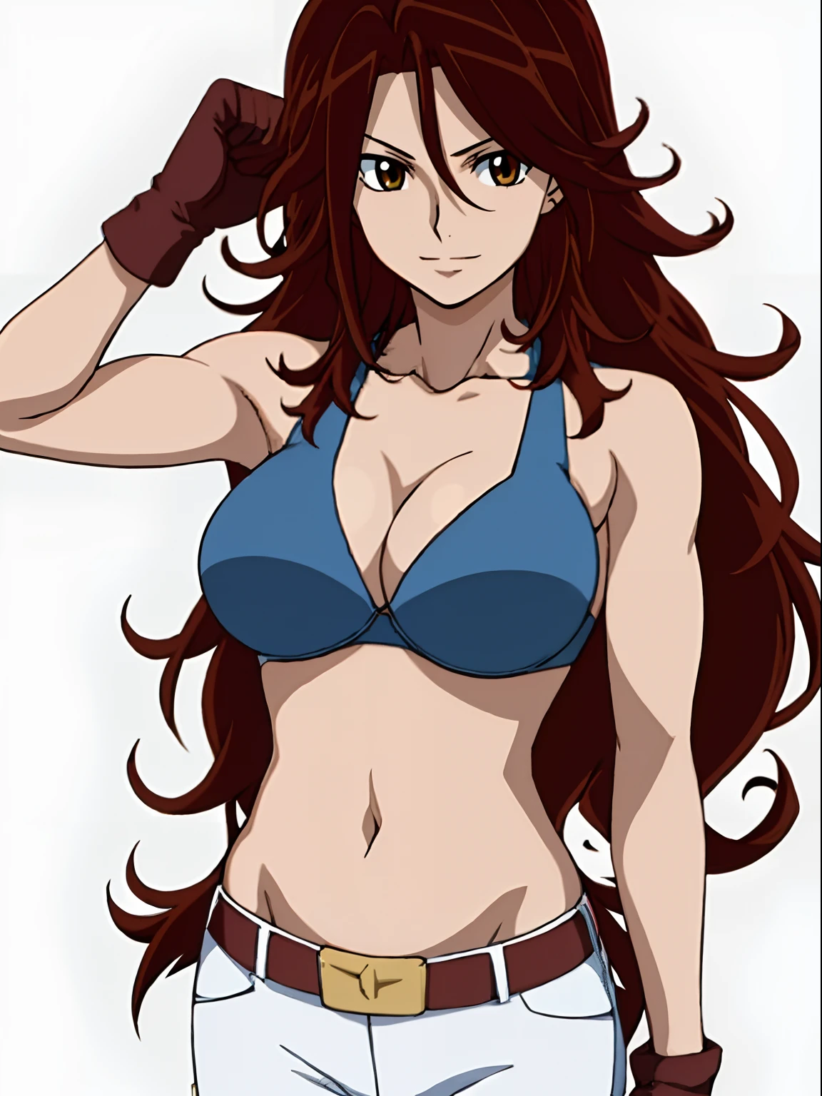 Flexing arm muscles, Karate stance, ((solo)), Best Quality, hires, curvy midsection, (tilt head, defined weak muscles, detailed muscles), smile, kind face), upper body only, anime style: 1.8, anime drawing, ultra detailed face, ultra detailed body, 4k, Sumergai Lee Noriega, karate stance, best quality, anime style, hires, highest definition, digital blending, bold drawing lines, (((White Background))), ( (defined muscles), long belly, slim body, ((strong arm muscles)), broad shoulders , off-shoulders, closed fists, (two bras, shorts, white gloves, , arm band, (champion belt))), (large breasts, defined cleavage, closed mouth, big bellybutton, shiny skin), (big eyes, brown eyes, shiny eyes), (reddish hair, loose hair, curly hair, wavy hair, long hair, floating hair)