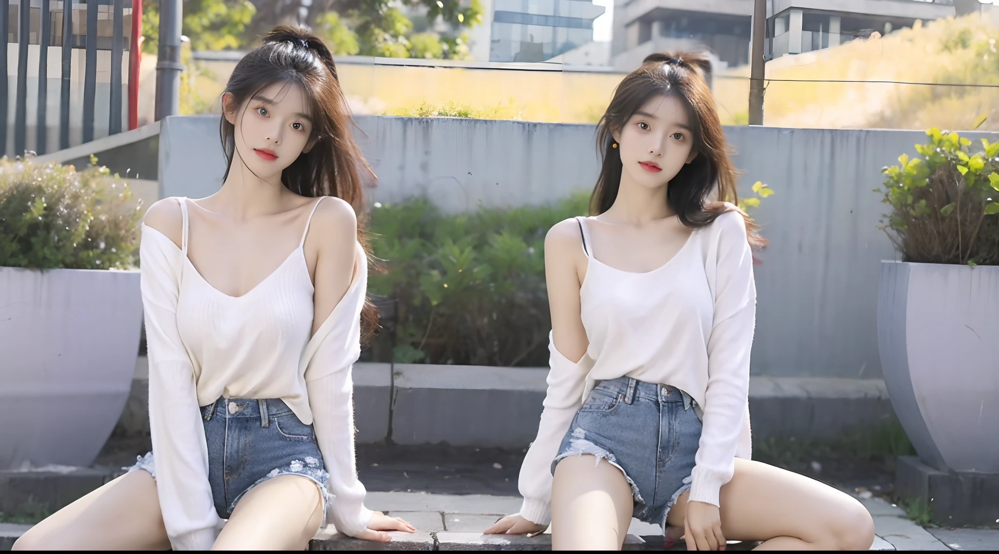 top Quority，Ultra-clear resolution，Clear eyes，face perfect，White skin，Perfect chest，with perfect legs，Long legs，Large full breasts、Sweaters、crouched、facing the front there、Open legs、posterior view、Dark skinny denim shorts，Indigo denim shorts、Panties that protrude from denim shorts、blacksilk，fishing nets