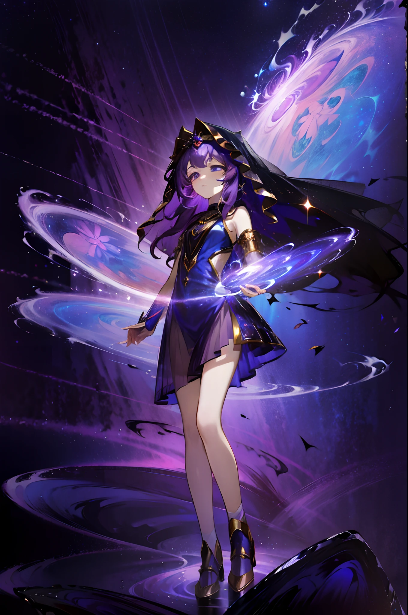 Masterpiece, dreamlike art, 8k, best quality, 1 girl, solo, veil, goddess of the void, celestial body, sparkling violet hair, dark multicoloured hair, wavy long hair with tubes, divine demeanor, expressionless, gorgeous girl, young lady, sleeveless showy starry tunic, cute hair accessories, lots of hair accessories fit of a goddess