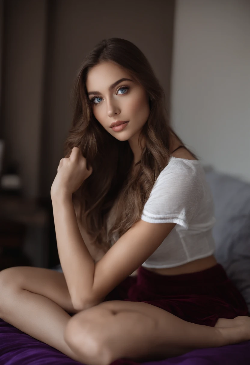Sexy girl with blue eyes, she is naked, portrait sophie mudd, Portrait of Corinna Kopf, dark hair and big eyes, selfie of a young woman, Eyes in the bedroom, violet myers, without Макияж, natural makeup, looking straight at camera, face with artgram, dezentes Make-up, Stunning full-length shot, in bedroom, cleavage