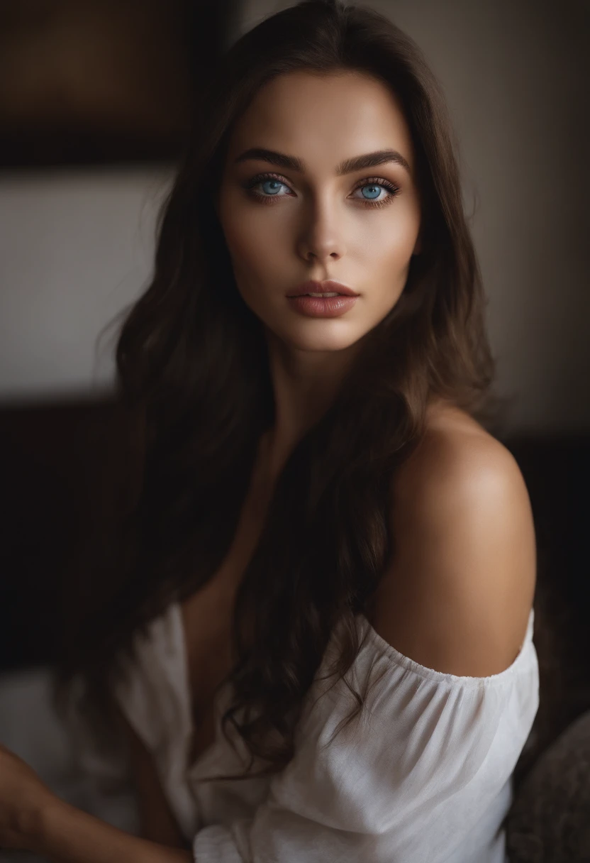 Sexy girl with blue eyes, she is naked, portrait sophie mudd, Portrait of Corinna Kopf, dark hair and big eyes, selfie of a young woman, Eyes in the bedroom, violet myers, without Макияж, natural makeup, looking straight at camera, face with artgram, dezentes Make-up, Stunning full-length shot, in bedroom, cleavage