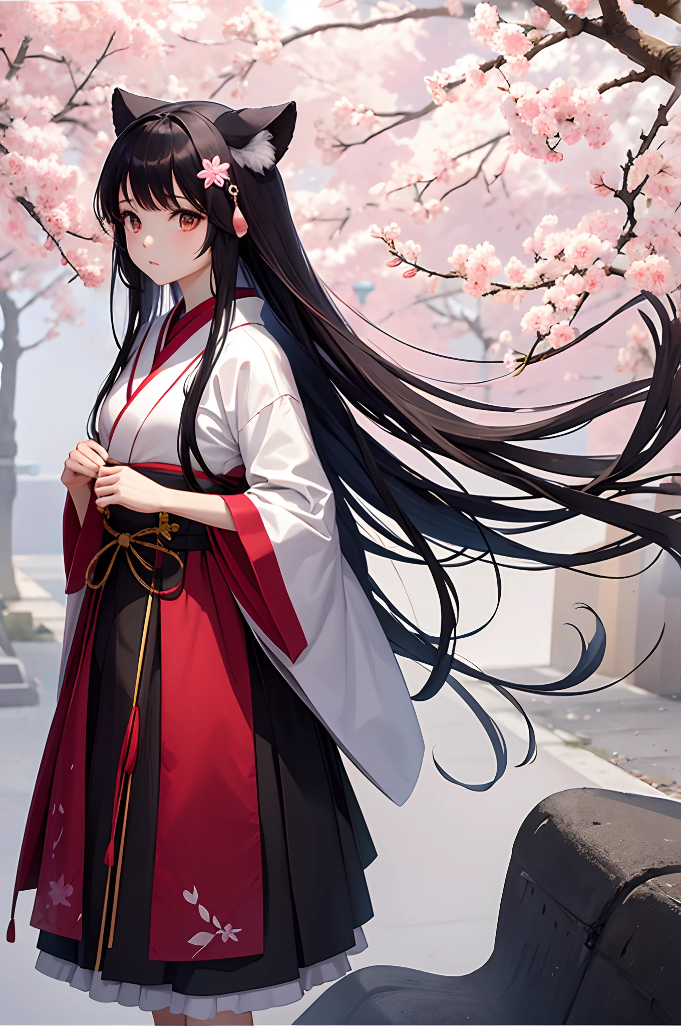 petite girl, upper-body, expressionless, japanese clothes, Long hair, 独奏, cherry blossoms, looking a viewer, Beautiful figure