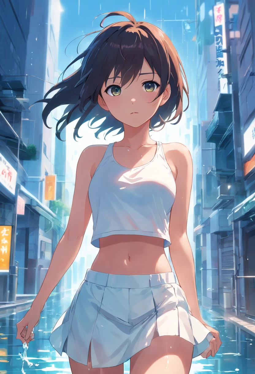 1 girl, wet body, white crop top, white mini skirt, pussy, cum