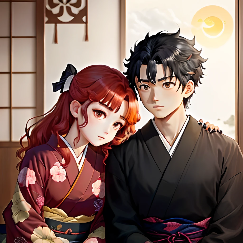 (Yoriichi Tsugikuni base + Kimetsu no yaiba + Koyoharu Gotouge art style + hombre adulto + ufotable + Ufotable art style + half body + hombre + piel blanca + ojos rojos + cabello largo rizado burdeos con flequillo corto estilo cortina partido en medio+ dos cuernos en la cabeza + oni version+ marca de cazador en la un costado de la frente + Sun symbol on chest + kimono rojo + nails long + Lying in a Japanese-style house)