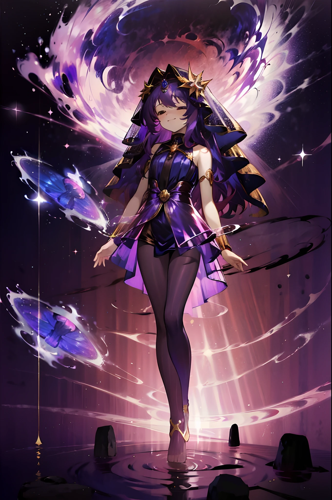 Masterpiece, dreamlike art, 8k, best quality, 1 girl, solo, veil, goddess of the void, celestial body, sparkling violet hair, dark multicoloured hair, wavy long hair with tubes, divine demeanor, smirk, gorgeous girl, young lady, sleeveless showy starry tunic, cute hair accessories, lots of hair accessories fit of a goddess, barefoot, purple tights