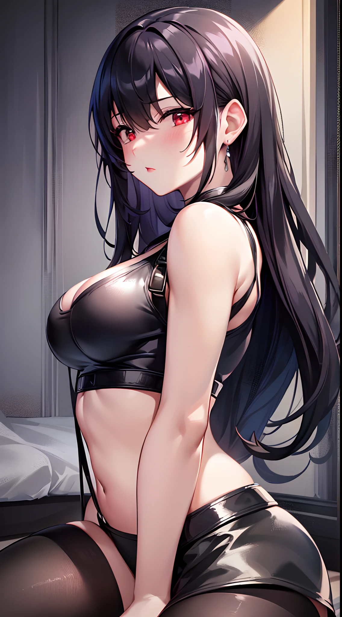 Masterpiece, High Resolution, High Quality, Detail Face, Detail Body Rendering, One Girl, Solo, Full Body, FF7 Tifa, White Tank Top, Suspenders, Sleeveless Costume,,, Sleeveless Shirt, Black Stockings, Dark Lips, Defrosted Jacket, Blushing, (Bedroom), panties, sexy,