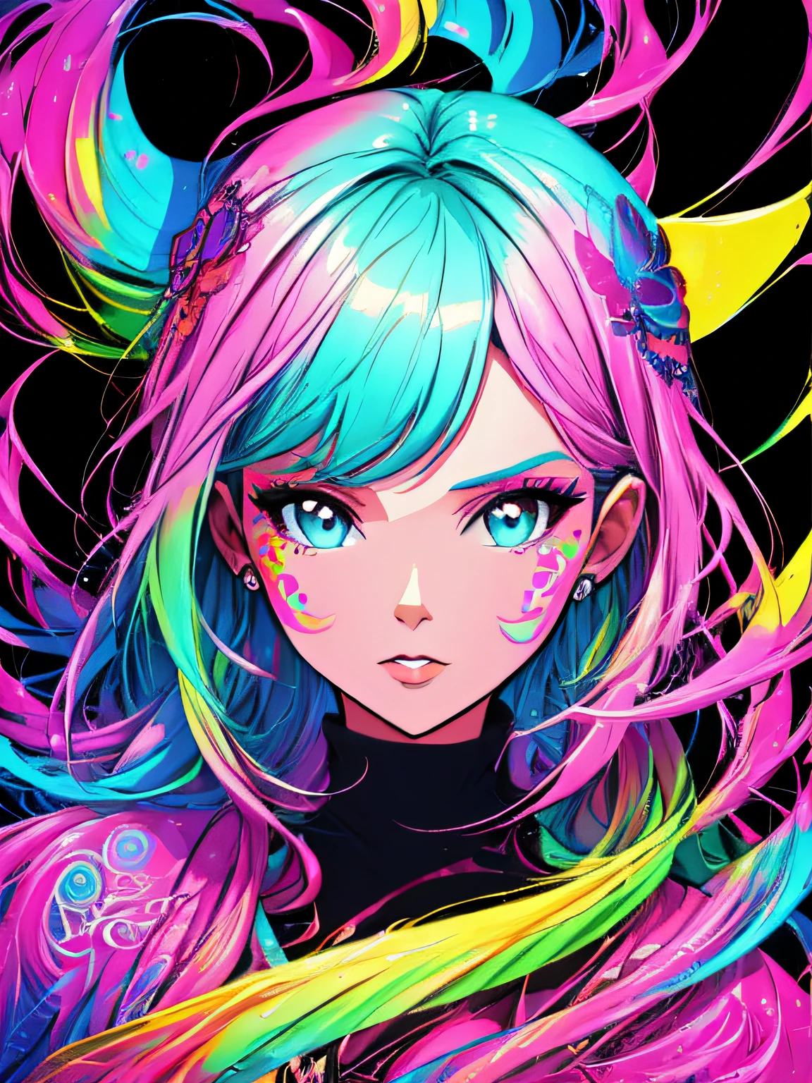 Woman with light hair and bright makeup　Cat-like face　painting of a, Vivid neon ink painting, Vibrant digital painting, Vibrant digital art, colorful art, art of alessandro pautasso, vibrant cartoon art, jen bartel, colorful digital art, Colorful paintings, Colorful Digital Painting, Hypercolor Digital Art, Vivid paintings, Full-color digital art, colourful drawing, vibrant fan art