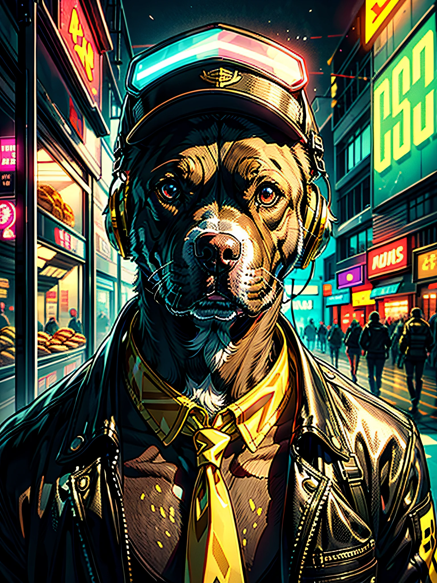 "Close up portrait of a stylish pit bull dog, Wearing a bread clapper costume, Complete with cap and golden neckwear, Cool headset,The scene is、Set in a cyberpunk environment with vivid neon lights and colorful rainbow aura."
