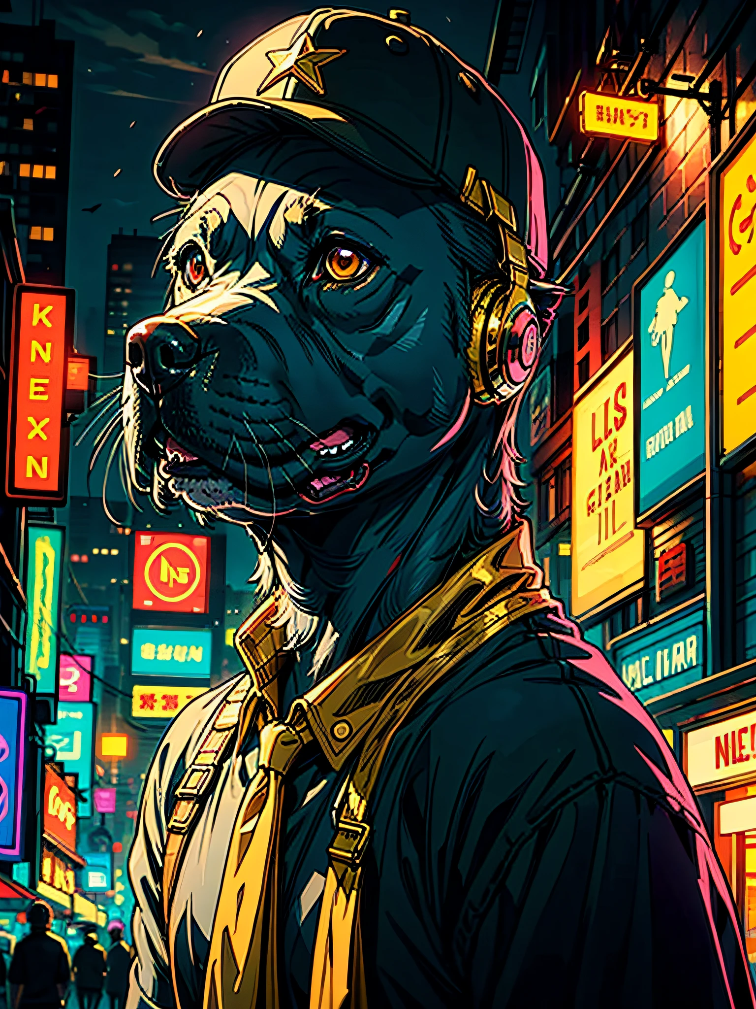 "Close up portrait of a stylish pit bull dog, Wearing a bread clapper costume, Complete with cap and golden neckwear, Cool headset,The scene is、Set in a cyberpunk environment with vivid neon lights and colorful rainbow aura."