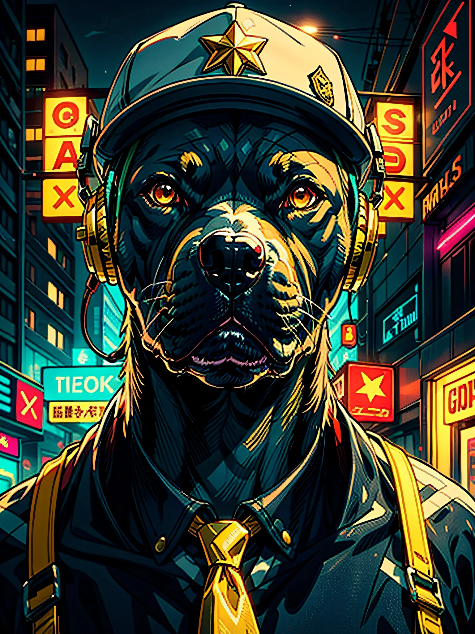 "Close up portrait of a stylish pit bull dog, Wearing a bread clapper costume, Complete with cap and golden neckwear, Cool headset,The scene is、Set in a cyberpunk environment with vivid neon lights and colorful rainbow aura."