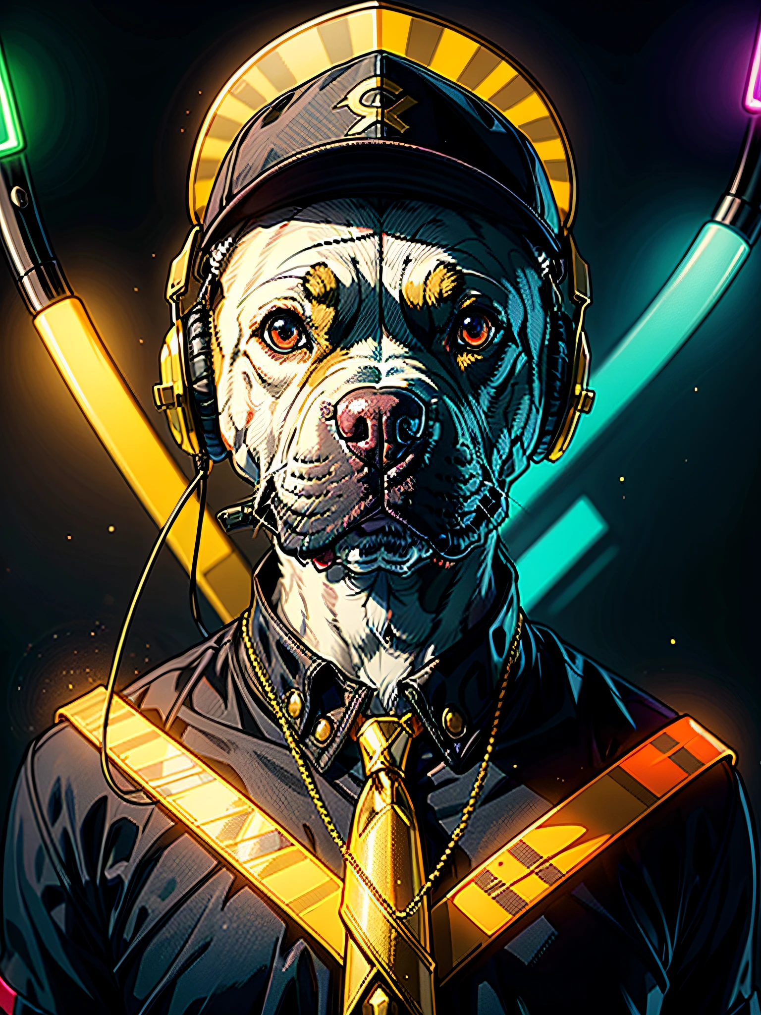 "Close up portrait of a stylish pit bull dog, Wearing a bread clapper costume, Complete with cap and golden neckwear, Cool headset,The scene is、Set in a cyberpunk environment with vivid neon lights and colorful rainbow aura."