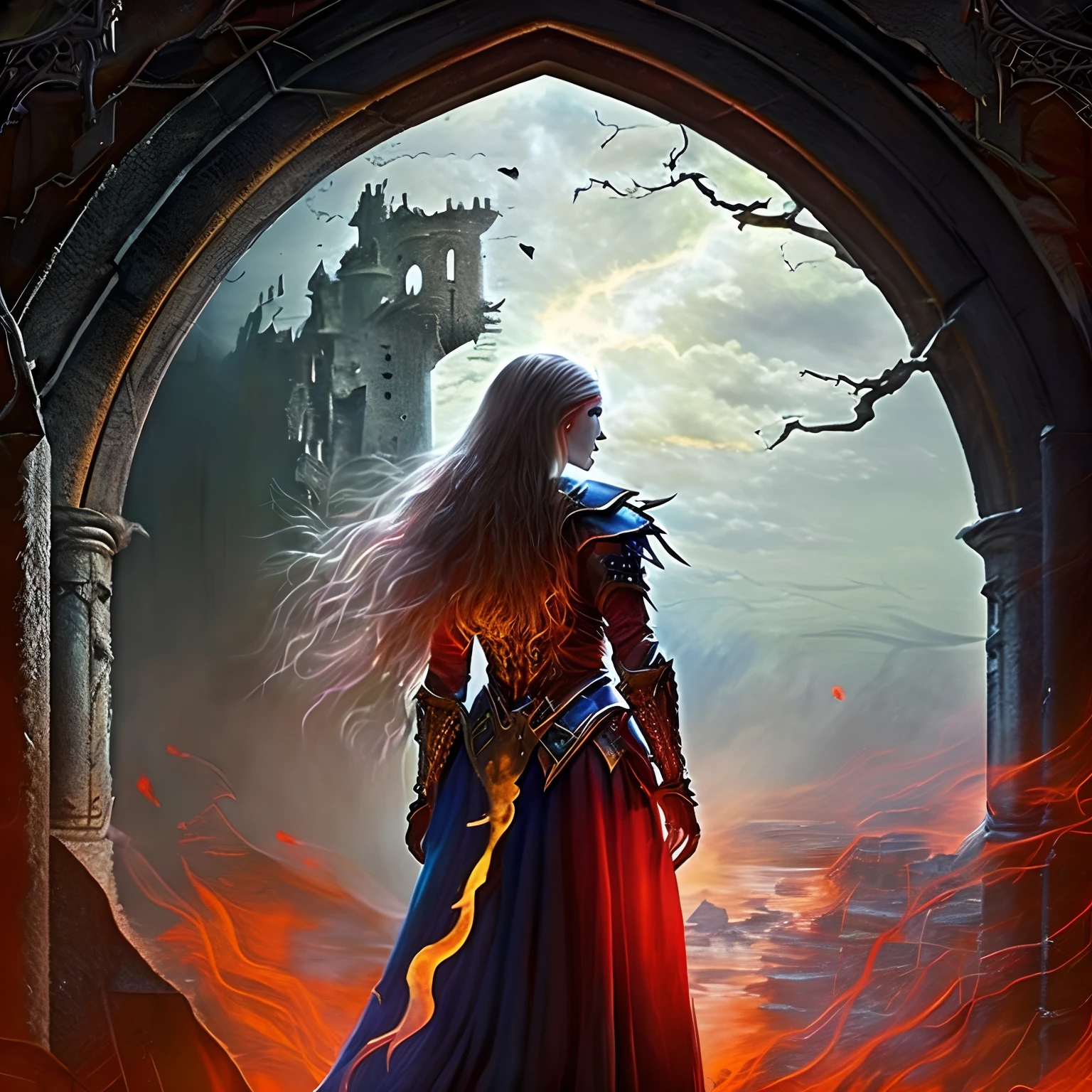 (highres,ultra-detailed,realistic:1.2),dark fantasy,80s dungeons and dragons book cover style,gothic castle,ominous atmosphere,blazing torches,vivid colors,mysterious characters,magic spells,demonic creatures,lush vegetation,moonlit sky,ancient ruins,mystical artifacts,ominous storm clouds,heroic warriors,clashing swords,sinister sorcerers,ominous dragon,glowing runes,enchanted weapons,mystical portal,dramatic perspective,haunting melody,ethereal mist,shadows and smoke,elaborate armor,nostalgic vibes,radiant moonlight,dark magic,ancient prophecies,mythical creatures,treacherous dungeons,enchanted treasures,crumbling manuscripts,forbidden knowledge,mysterious tome,crimson blood moon,artistic brushstrokes,masterpiece:1.2.