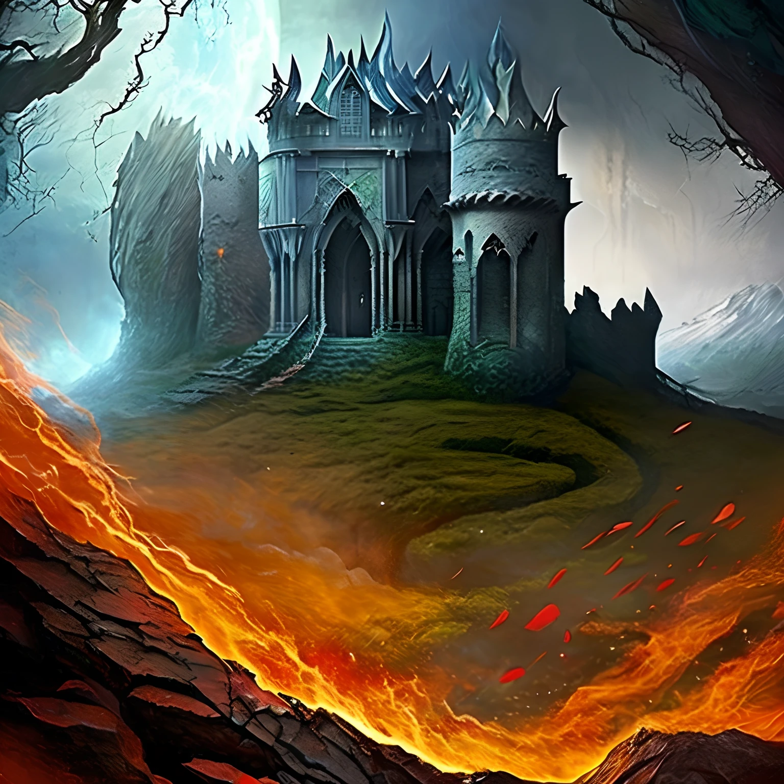 (highres,ultra-detailed,realistic:1.2),dark fantasy,80s dungeons and dragons book cover style,gothic castle,ominous atmosphere,blazing torches,vivid colors,mysterious characters,magic spells,demonic creatures,lush vegetation,moonlit sky,ancient ruins,mystical artifacts,ominous storm clouds,heroic warriors,clashing swords,sinister sorcerers,ominous dragon,glowing runes,enchanted weapons,mystical portal,dramatic perspective,haunting melody,ethereal mist,shadows and smoke,elaborate armor,nostalgic vibes,radiant moonlight,dark magic,ancient prophecies,mythical creatures,treacherous dungeons,enchanted treasures,crumbling manuscripts,forbidden knowledge,mysterious tome,crimson blood moon,artistic brushstrokes,masterpiece:1.2.