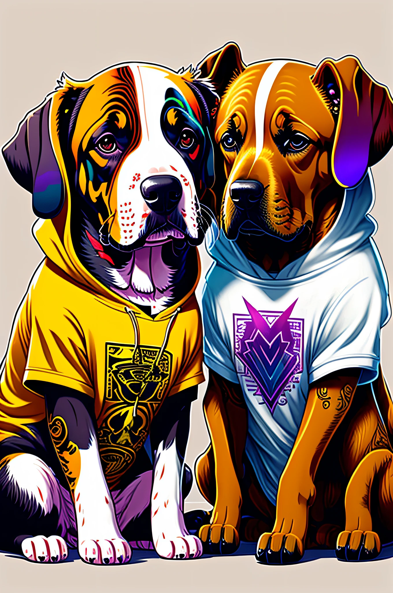 Two cool and trendy dogs talking to each other, White hair, Yellow eyes, Wear trendy hip-hop clothes, Wearing a hoodie, Graphic T-shirt and ripped jeans, Lots of tattoos and piercings, Doodle style background, Highly detailed background, perfect masterpiece, High quality, High resolution --auto