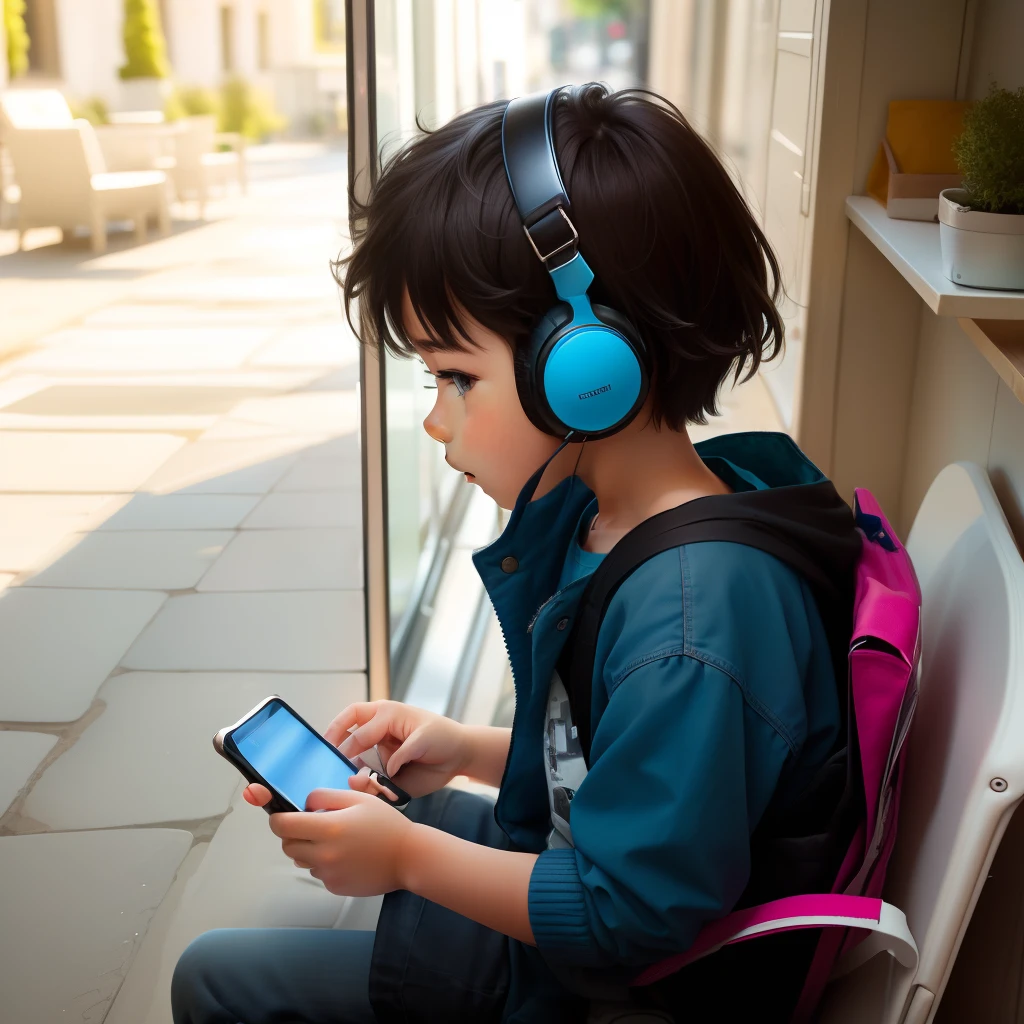 Little girl listening to music with headphones,Read a book at the table,Pen in hand,Write。There was a small dog on the table,,A paw rests on the little girl's arm