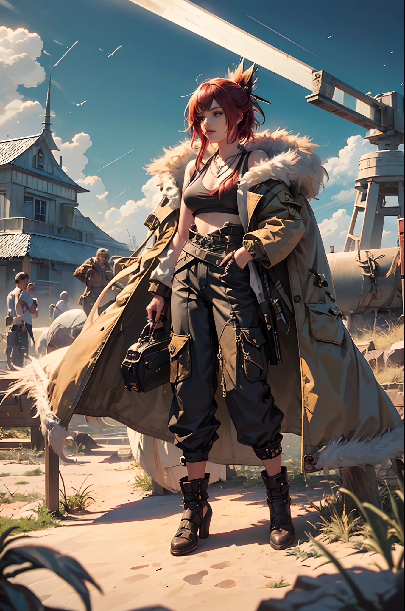 TFM American Cartoons Model Female Earthbender Strong Mohawk feminine hair, crimson eyes, necklace with a rin, in his early 20s, some sand around his hand, medium tanned skin, focused trained eyes, large pants, wearing a winter coat.