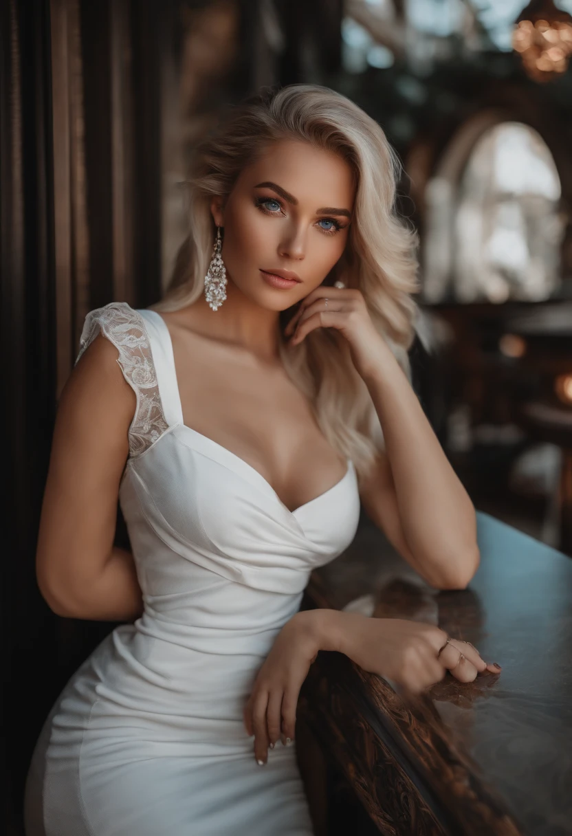 realistic white female instagram influencer, best quality, blonde, 1 girl, blue eyes, in white tight short dress