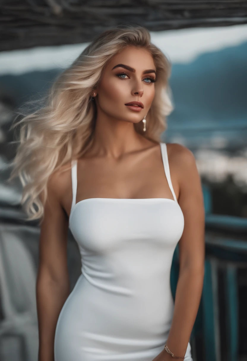 realistic white female instagram influencer, best quality, blonde, 1 girl, blue eyes, in white tight short dress