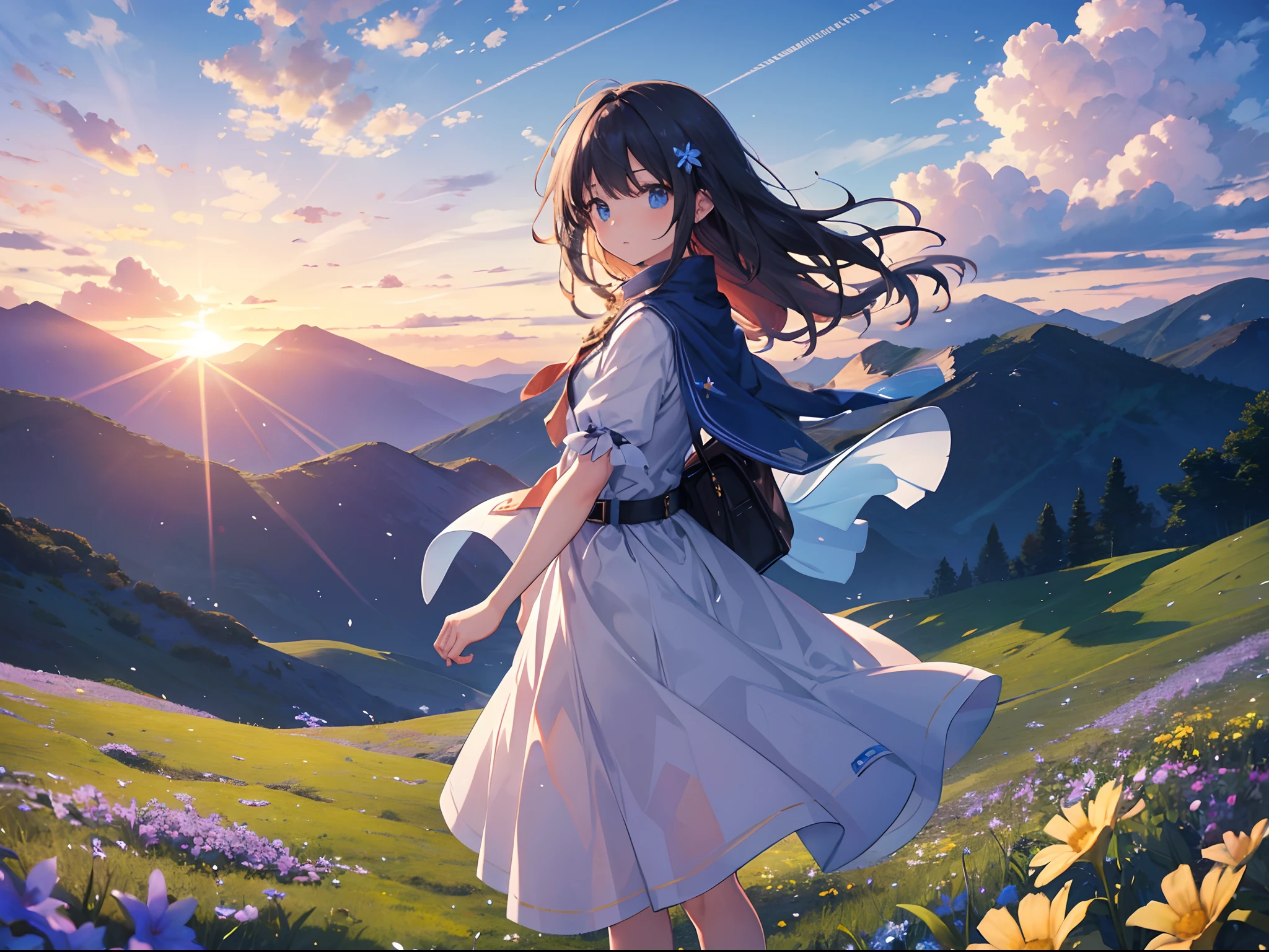 A girl dressed as an adventurer stood on a plateau with an endless blue sky and a beautiful scenery with a sunrise in the background. Around her, the earth covered with green and small flowers were blooming.

The girl was blown by the wind, but her expression was calm, as if she was waiting for something. Then, at that time, the girl exhaled a small breath.