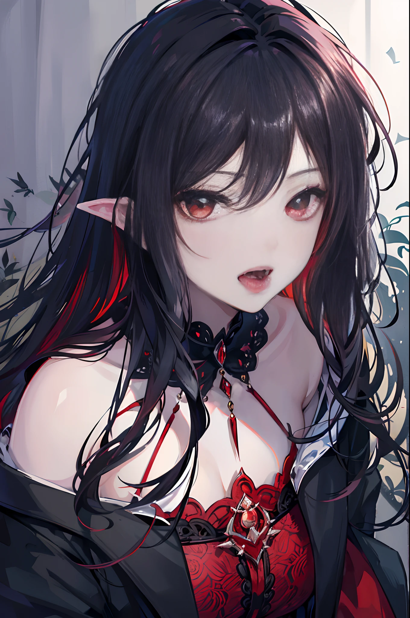 Close up, portrail of a handsome ((young man)) vampire, open mouth showing very long fangs, ready to bite the viewer, crystal sapphire eyes, red lips, long wavy hair, very black hair. Elegant gala uniform, highly detailed,