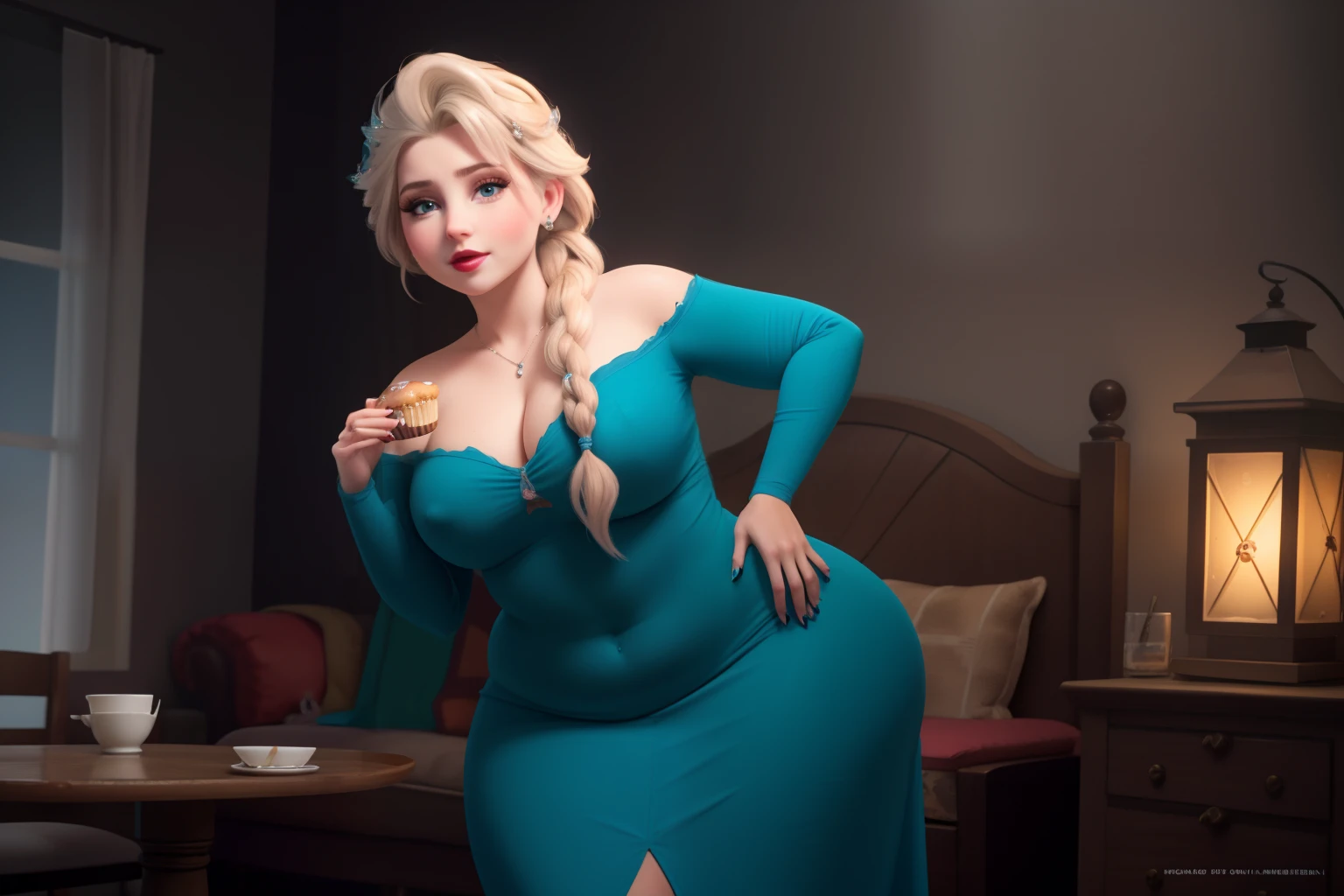 (masterpiece), (best quality), one girl, Elsa, perfect face, very beautiful face, eating donuts, sexy, sexy pose, pleasure, cute face, thin face, very plump, fatty, young, small smile, cutie, very chubby, chubby belly, fat rolls, belly rolls, teal tight dress, navel, thunder thighs, fed up, love handles, standing, muffin top, blonde hair, single braid