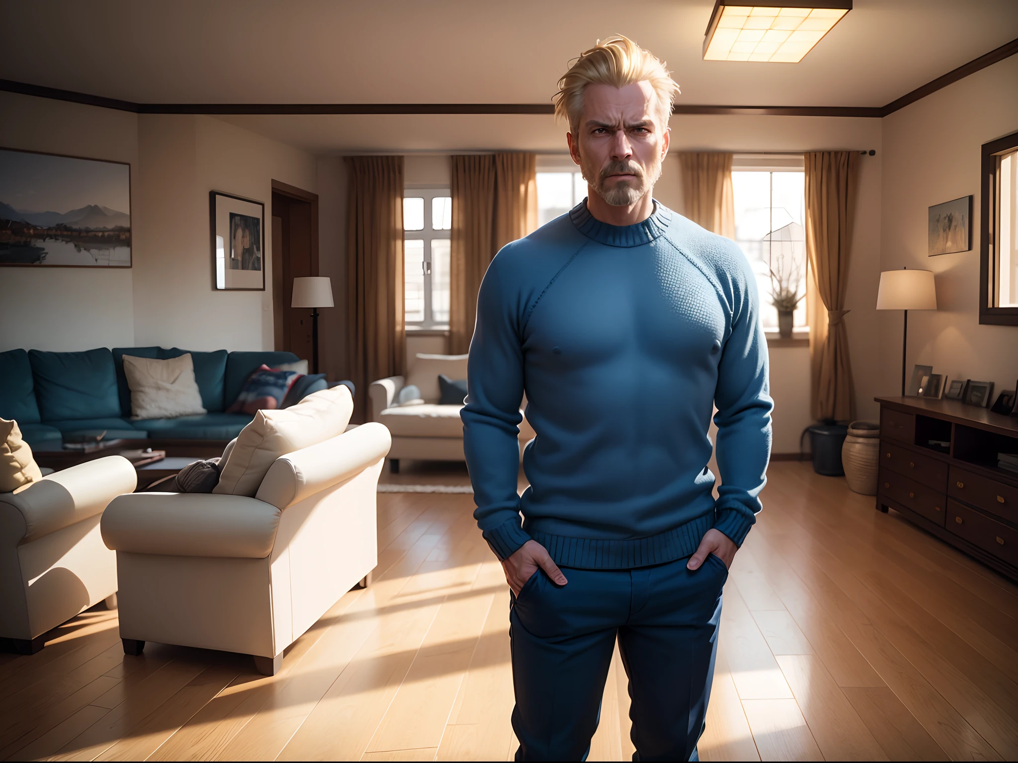 8K realistic image of a 42 year old man, short, neatly combed blonde hair, angry expression, dressed in a blue sweater and blue pants, Standing in a living room, German house, winter morning, anime style art
