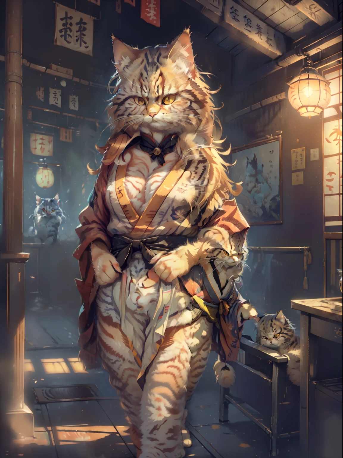 (cat photo(Japan cat, Manul, Siberian cat) a closeup, Walking through the school corridors:1.2), (c4ttitude:1.3),Realistic and intricate details, (Ambiguous:1.1), Baisho's Perspective, Wearing a bikini, Naughty gaze, Canny Smile; decent appearance, Graceful walking, Lighting by Chinese lanterns, Photorealistic, Hair all over the body, cat hand, cat paws, Cat tail